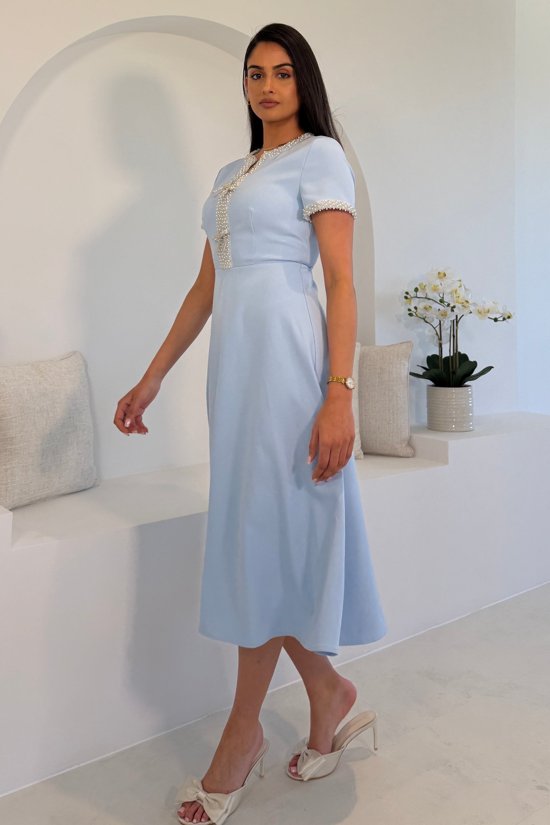 Natalia Beaded Bow Midi Dress Blue