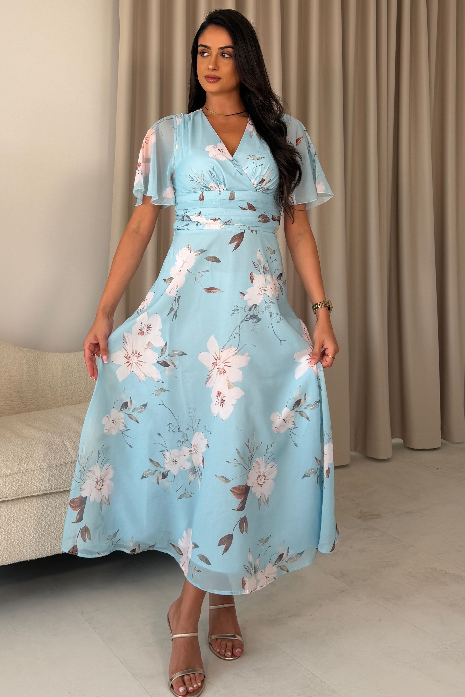 Pari Wrap Neck Pleated Waist Maxi Dress Sky Floral