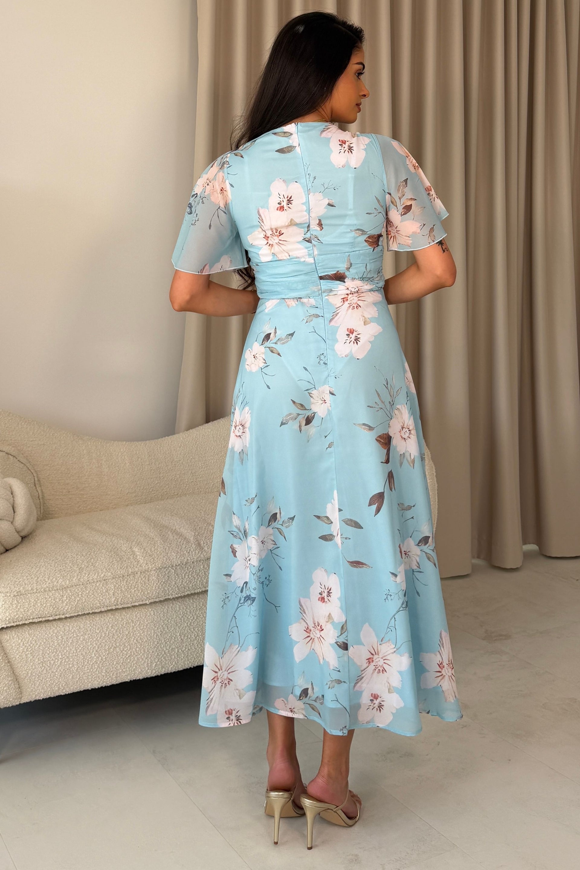 Pari Wrap Neck Pleated Waist Maxi Dress Sky Floral