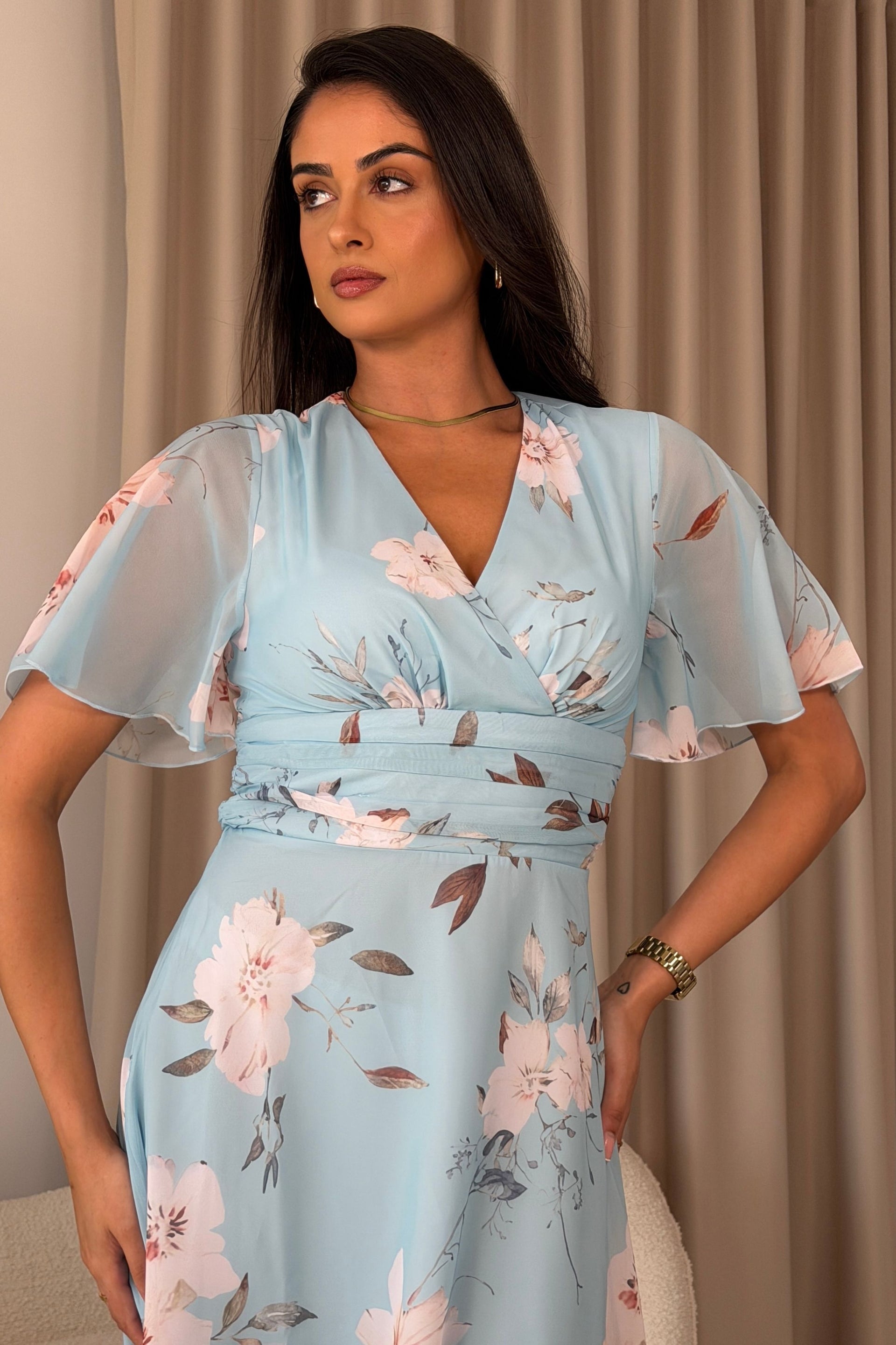 Pari Wrap Neck Pleated Waist Maxi Dress Sky Floral