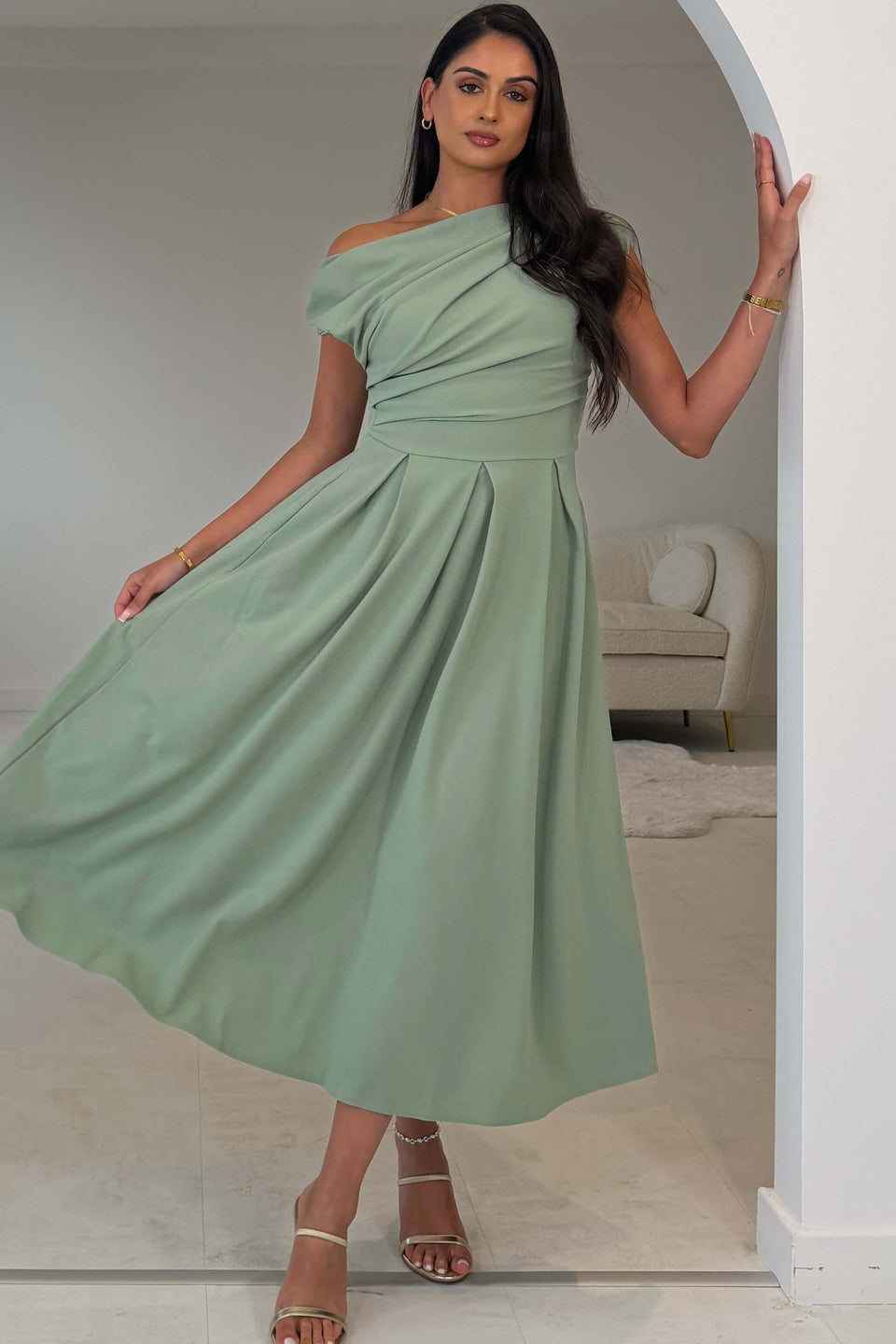 Dollie Asymmetric Neckline Skater Midi Dress Sage