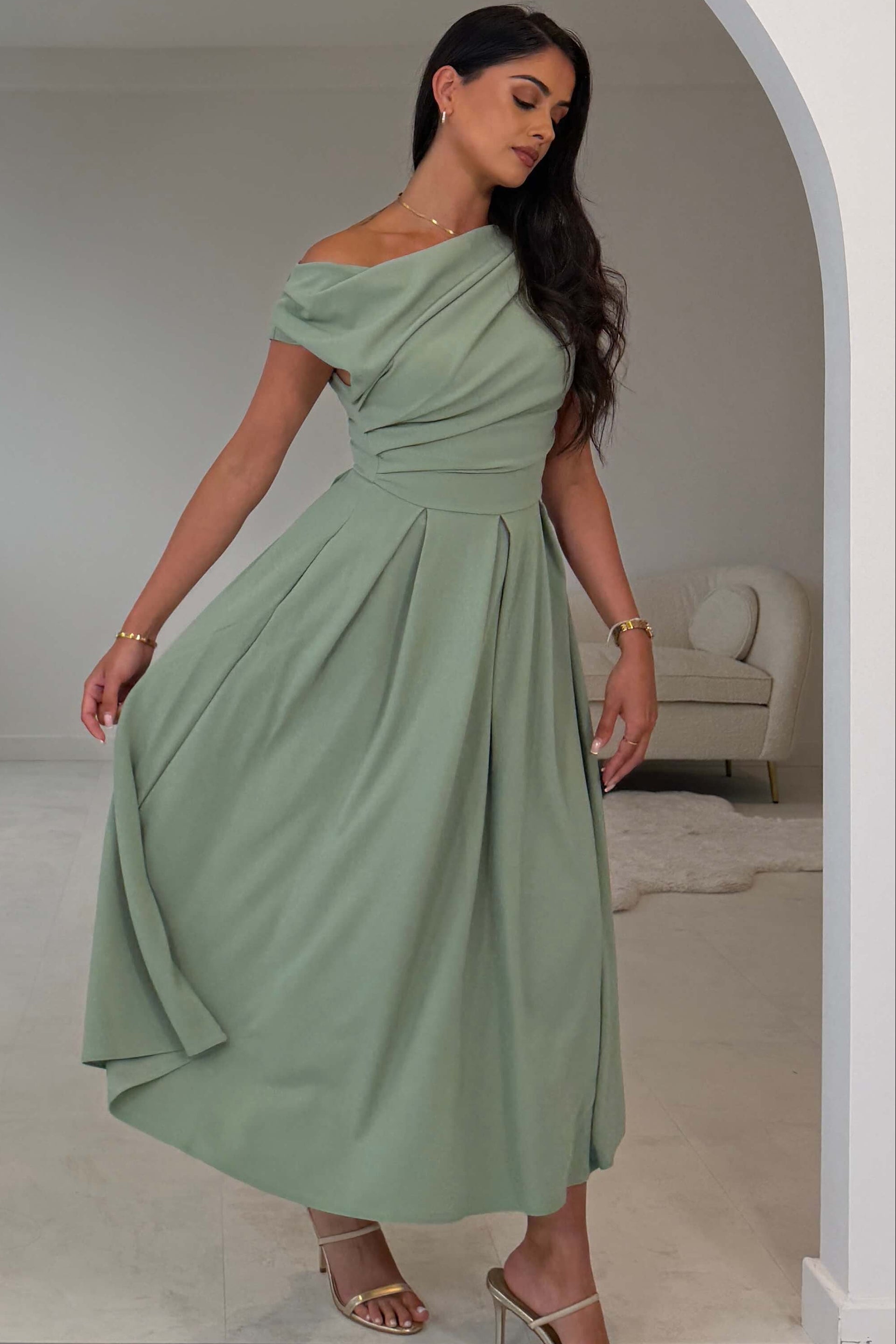 Dollie Asymmetric Neckline Skater Midi Dress Sage