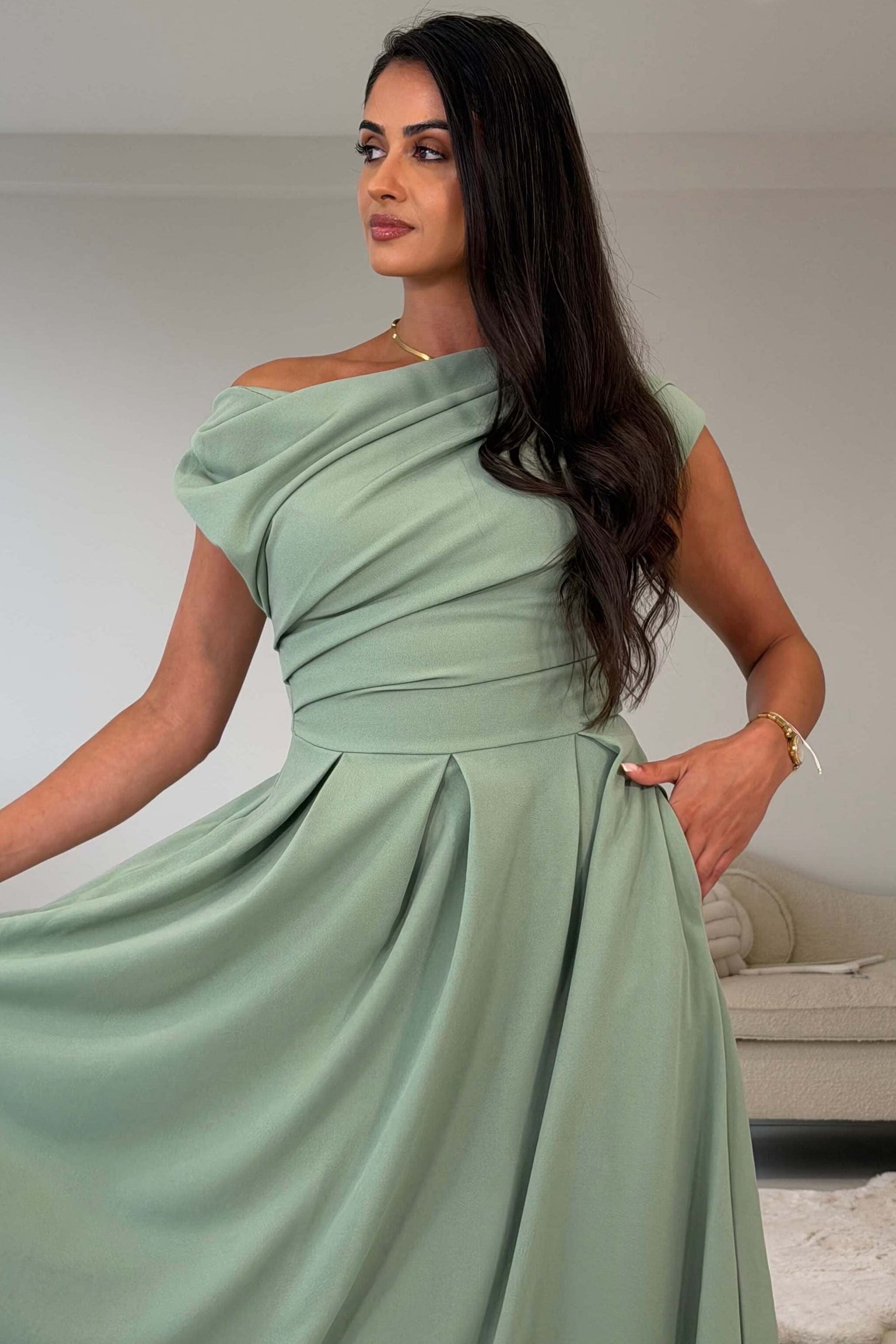 Dollie Asymmetric Neckline Skater Midi Dress Sage