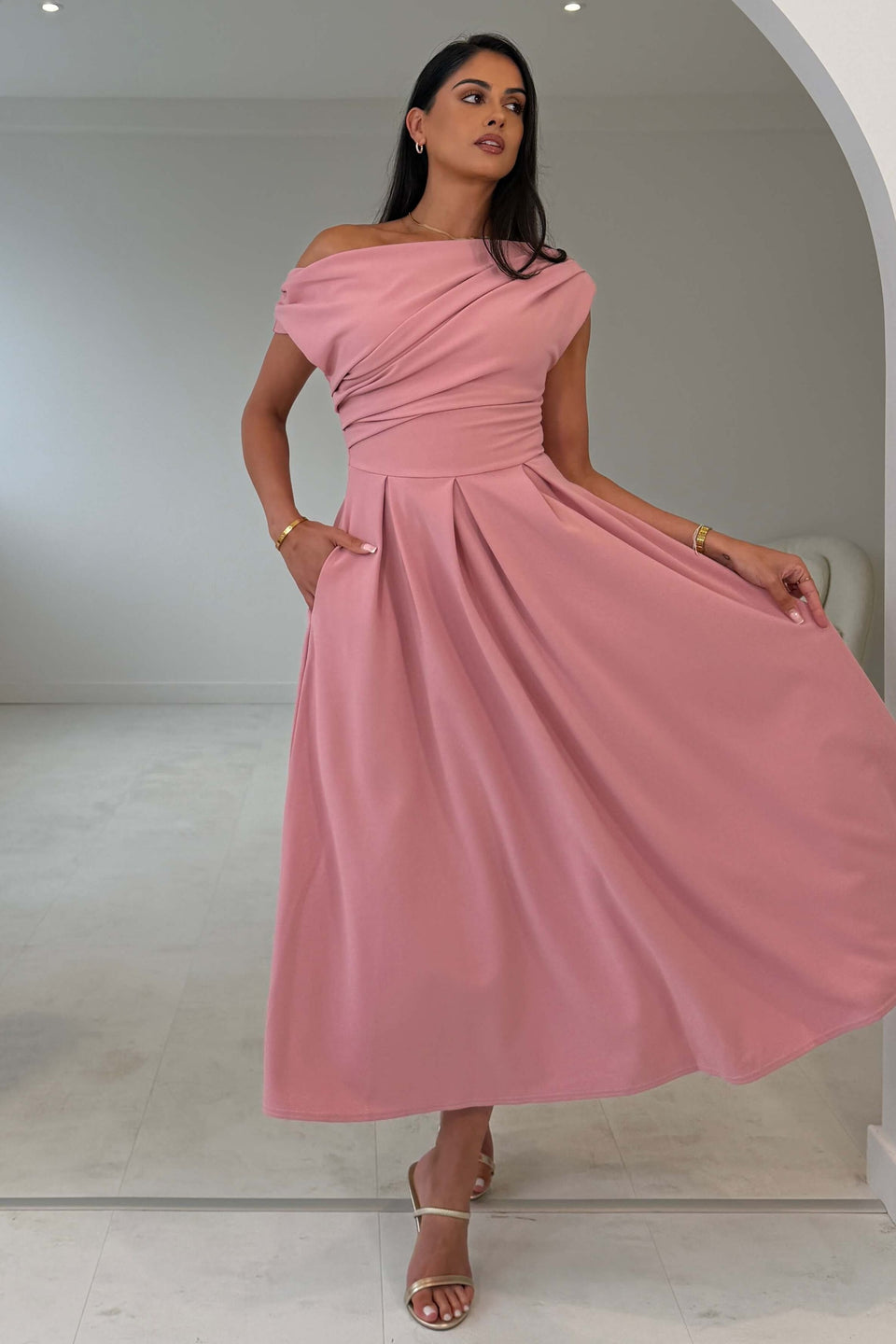 Dollie Asymmetric Neckline Skater Midi Dress Rose