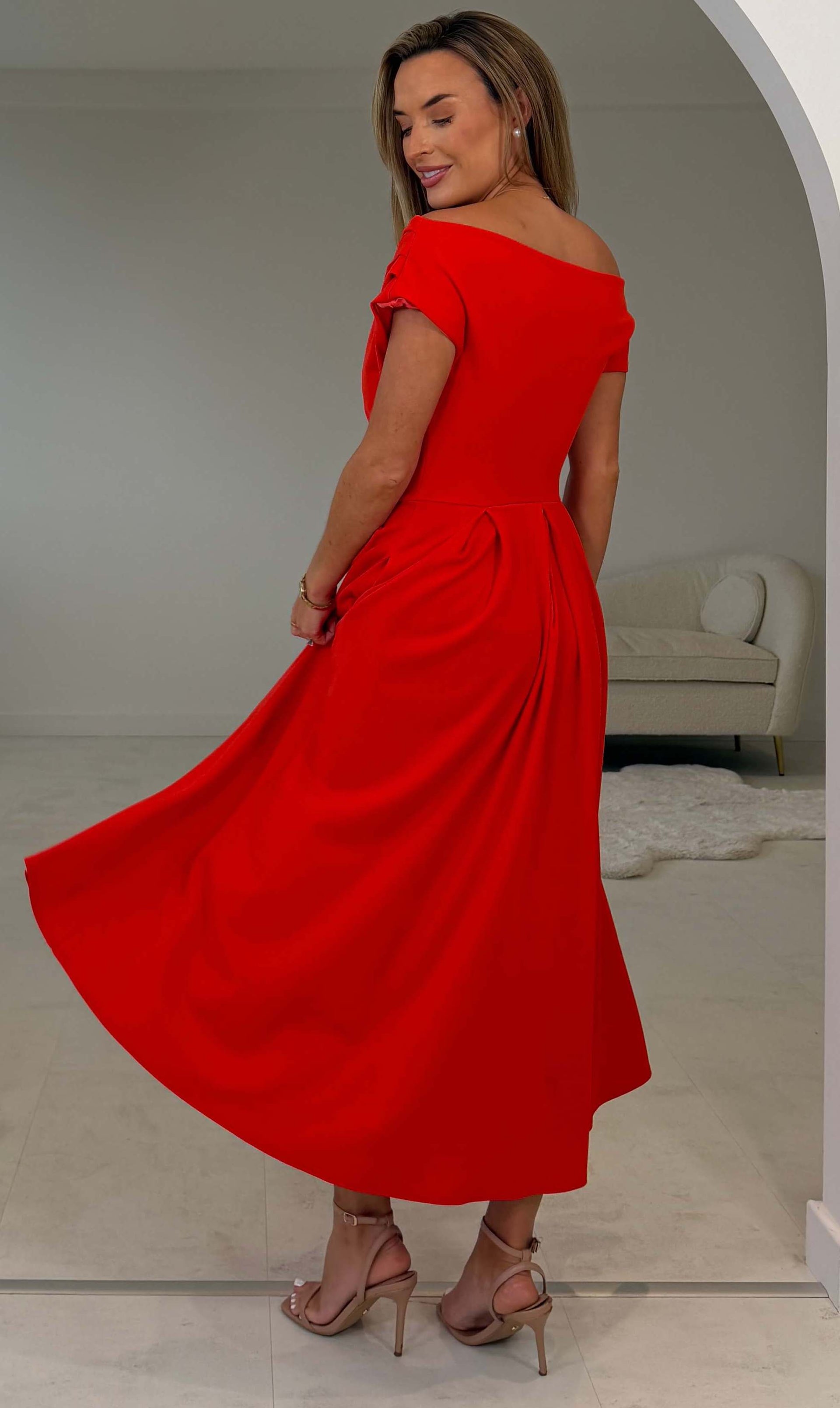 Dollie Asymmetric Neckline Skater Midi Dress Red