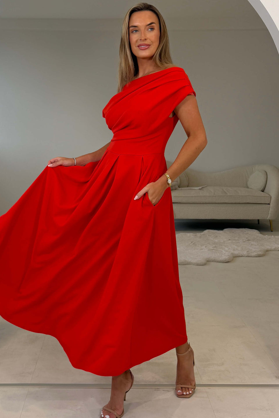 Dollie Asymmetric Neckline Skater Midi Dress Red