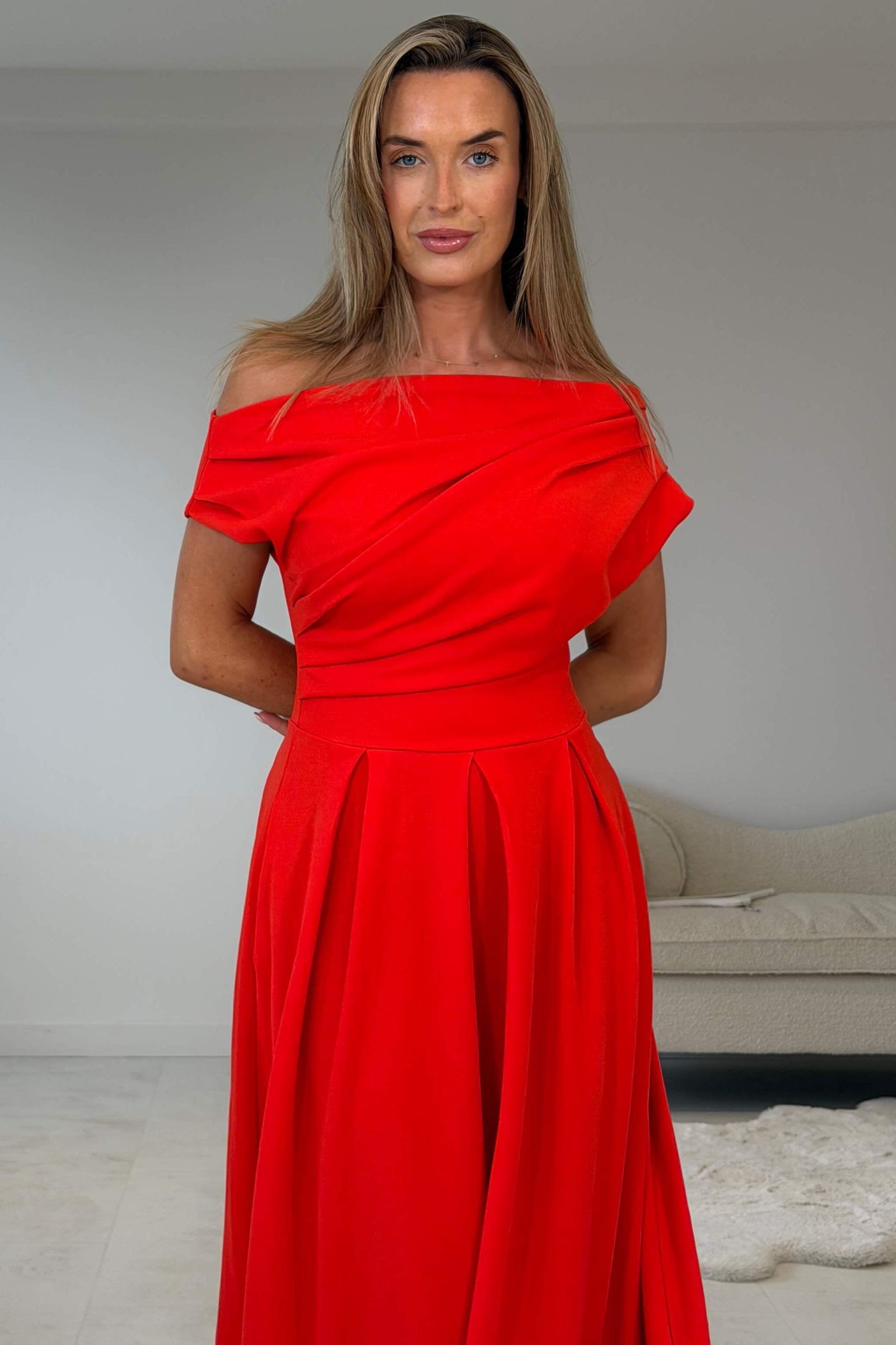 Dollie Asymmetric Neckline Skater Midi Dress Red