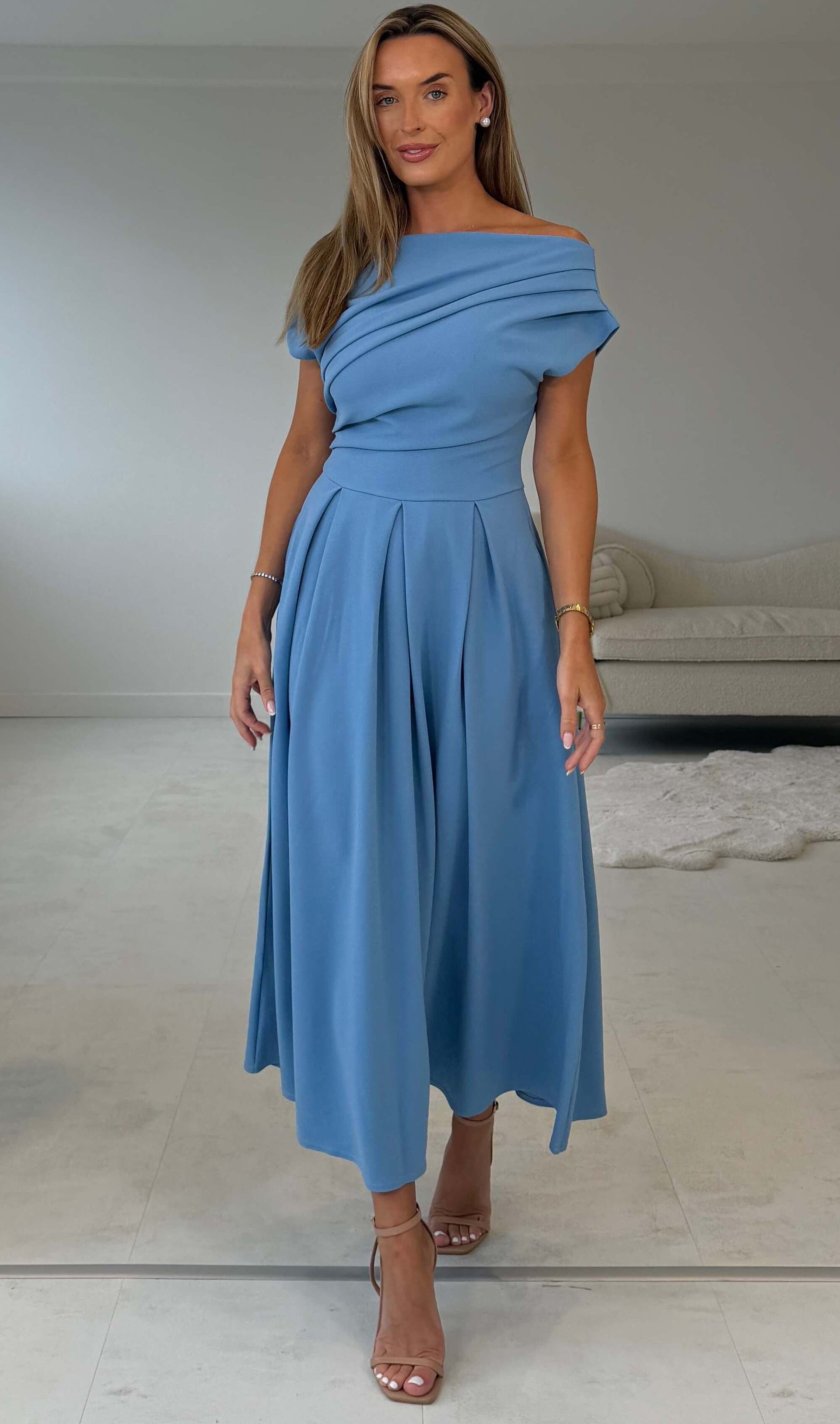 Dollie Asymmetric Neckline Skater Midi Dress Blue