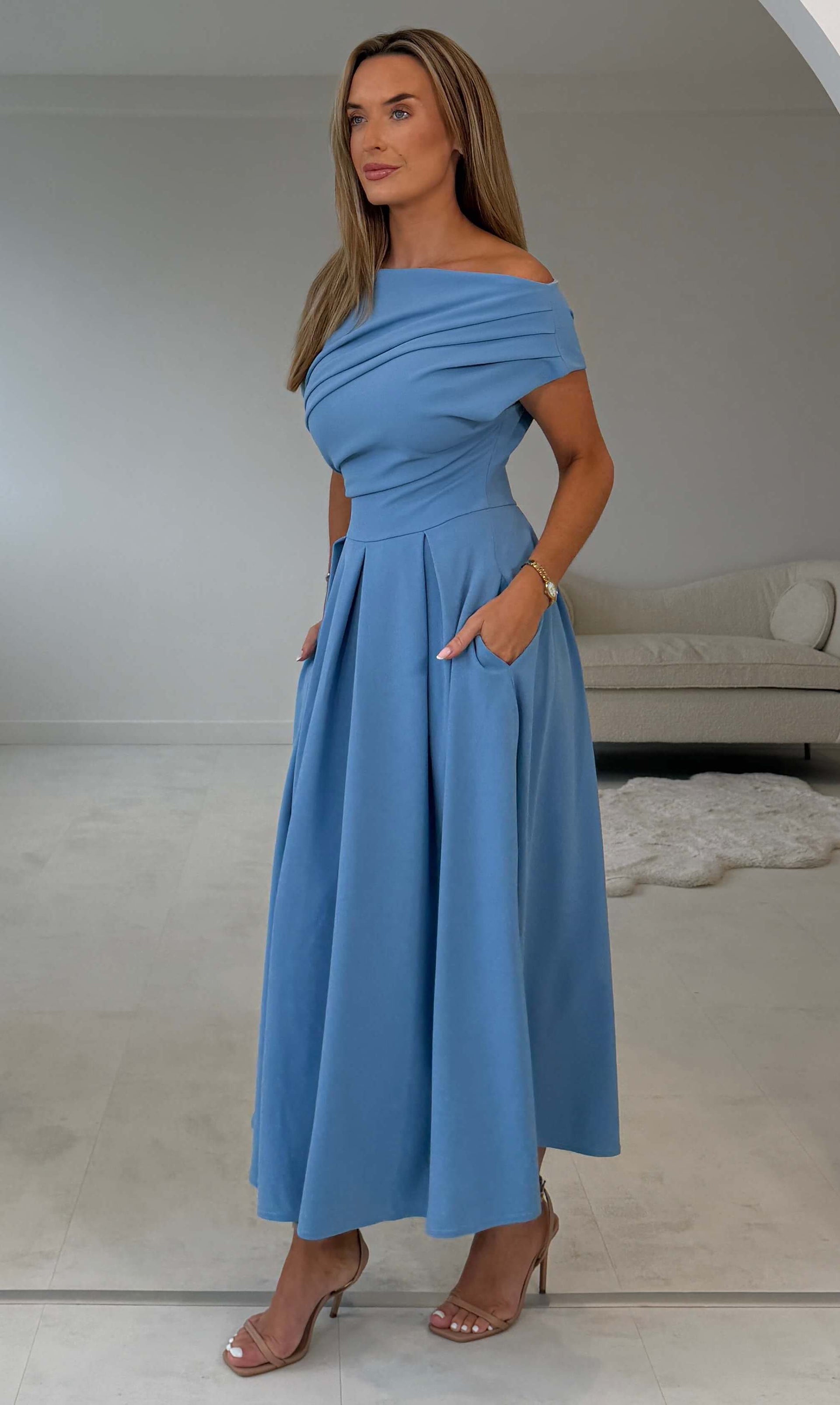 Dollie Asymmetric Neckline Skater Midi Dress Blue