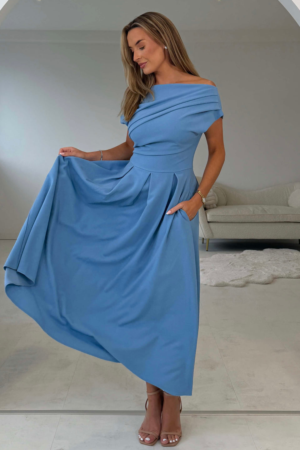 Dollie Asymmetric Neckline Skater Midi Dress Blue