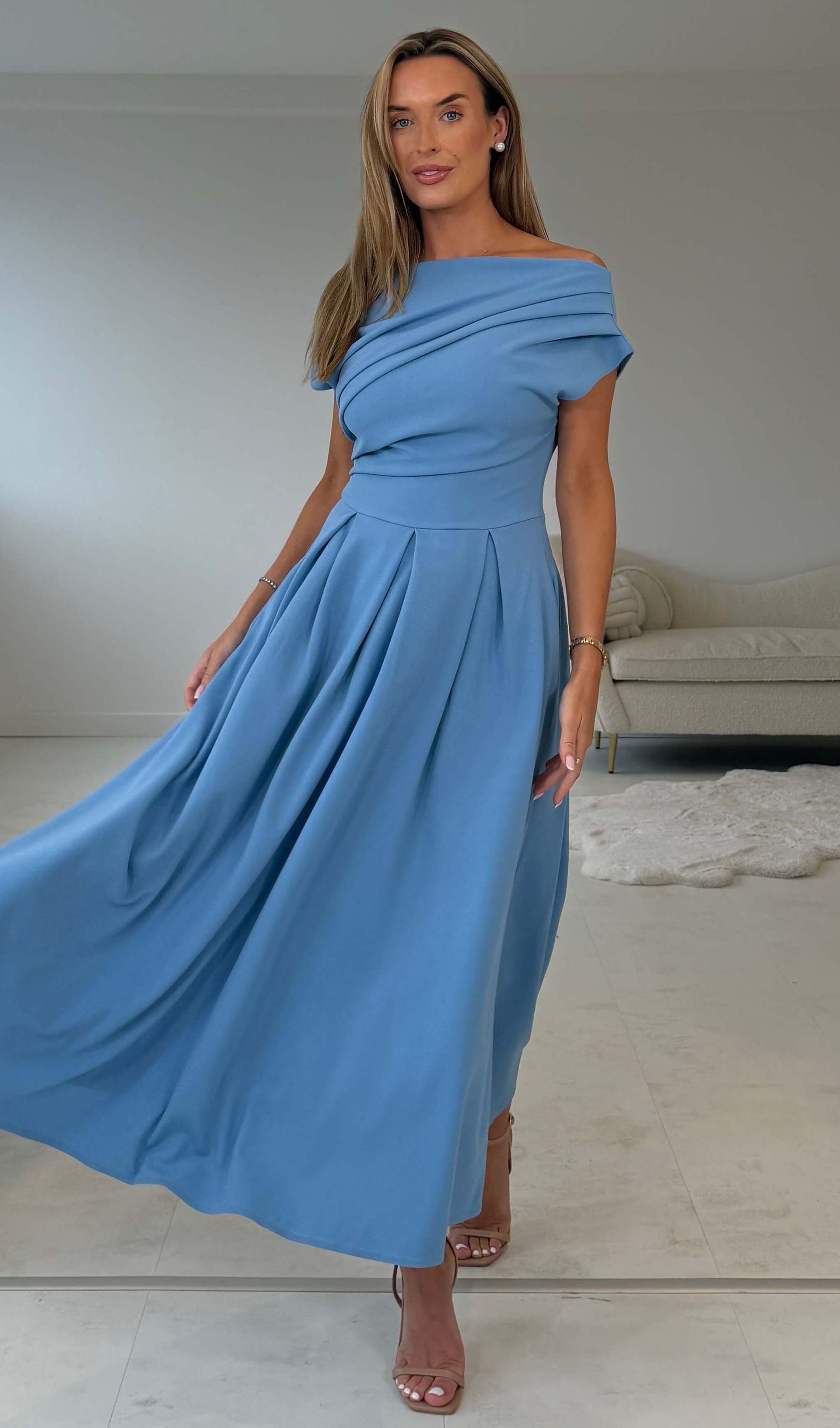 Dollie Asymmetric Neckline Skater Midi Dress Blue