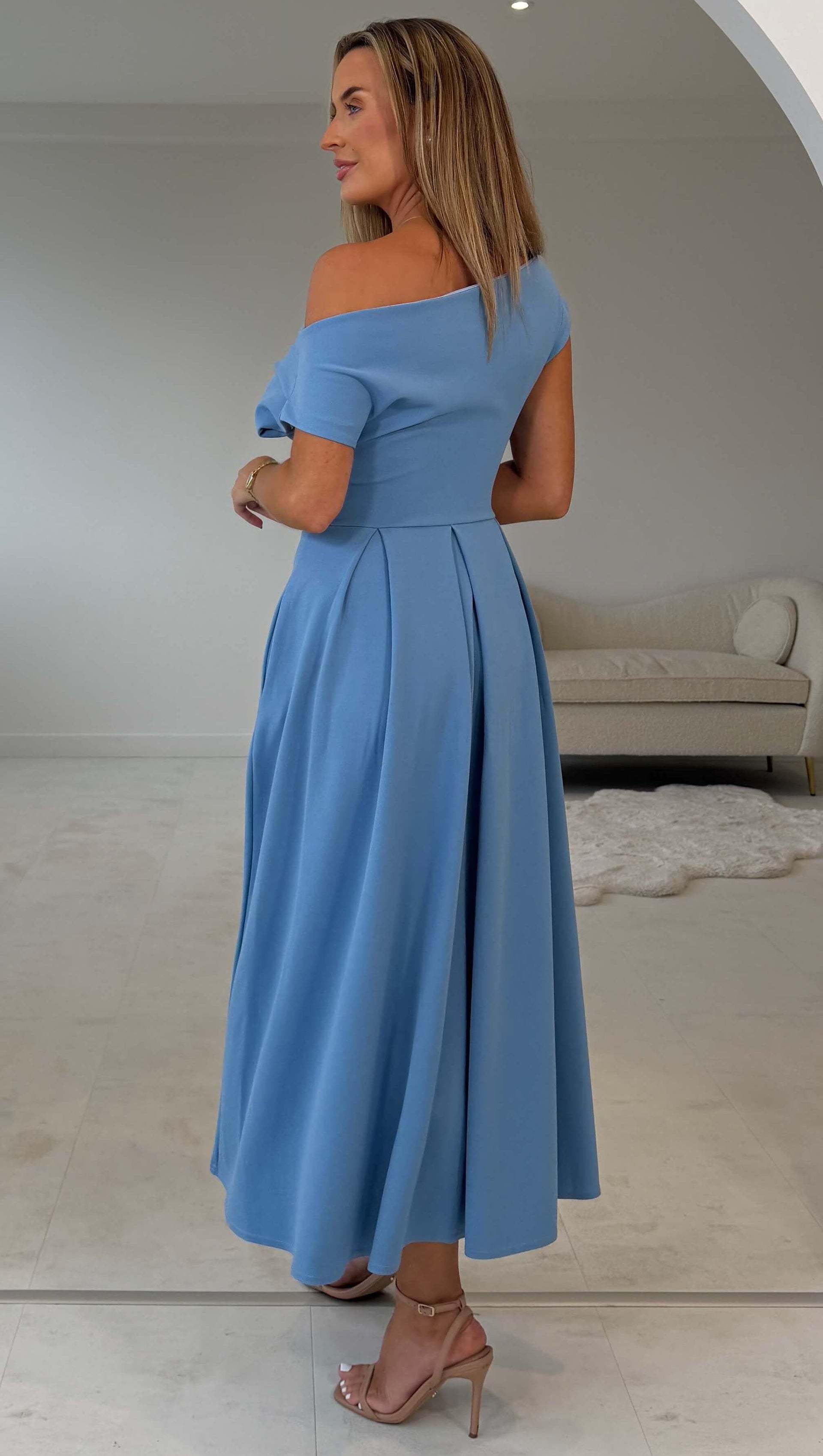 Dollie Asymmetric Neckline Skater Midi Dress Blue