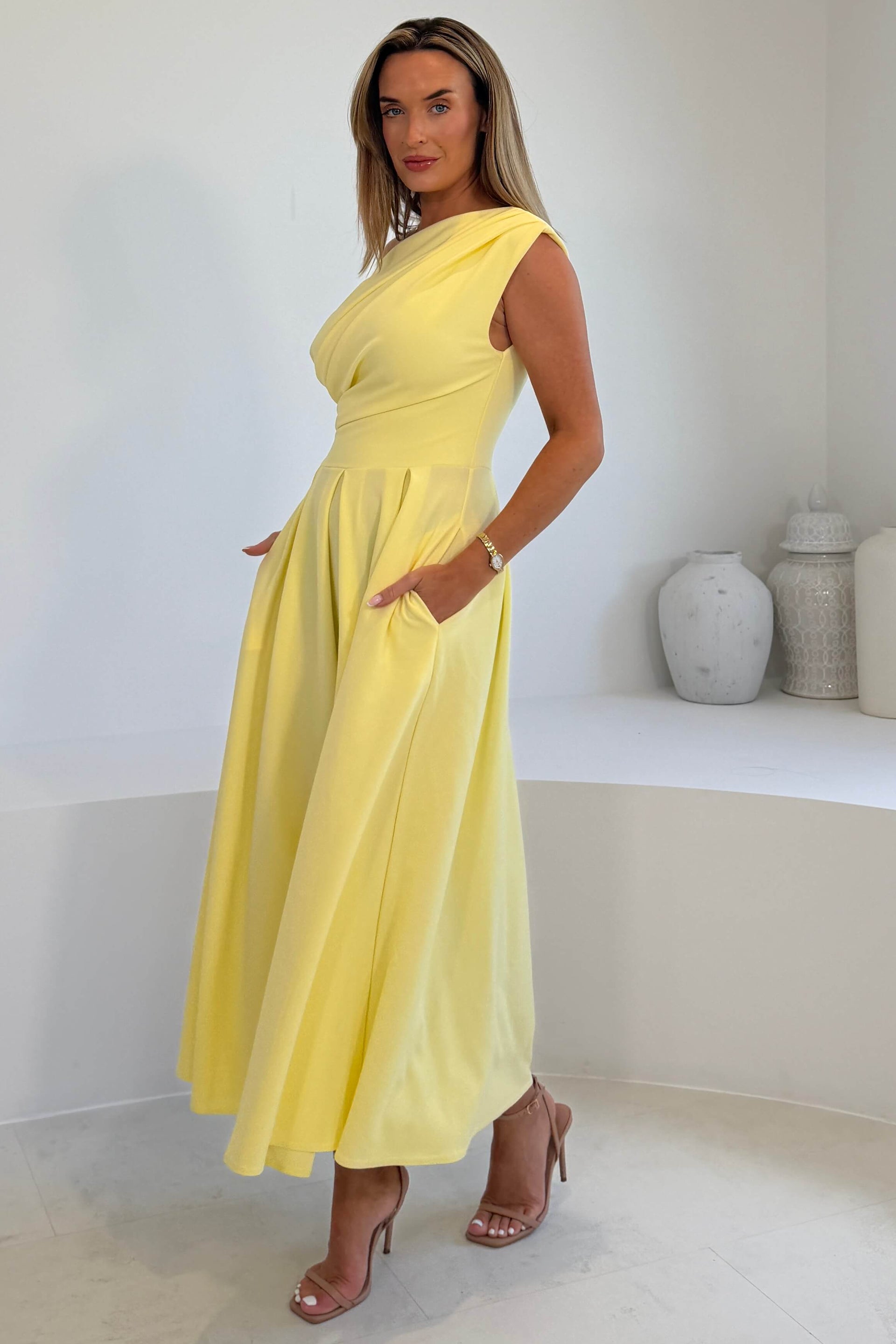Dollie Asymmetric Neckline Skater Midi Dress Yellow