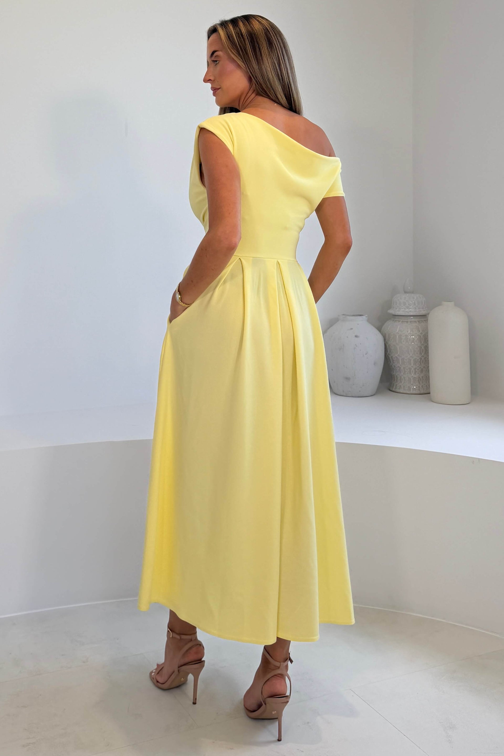 Dollie Asymmetric Neckline Skater Midi Dress Yellow