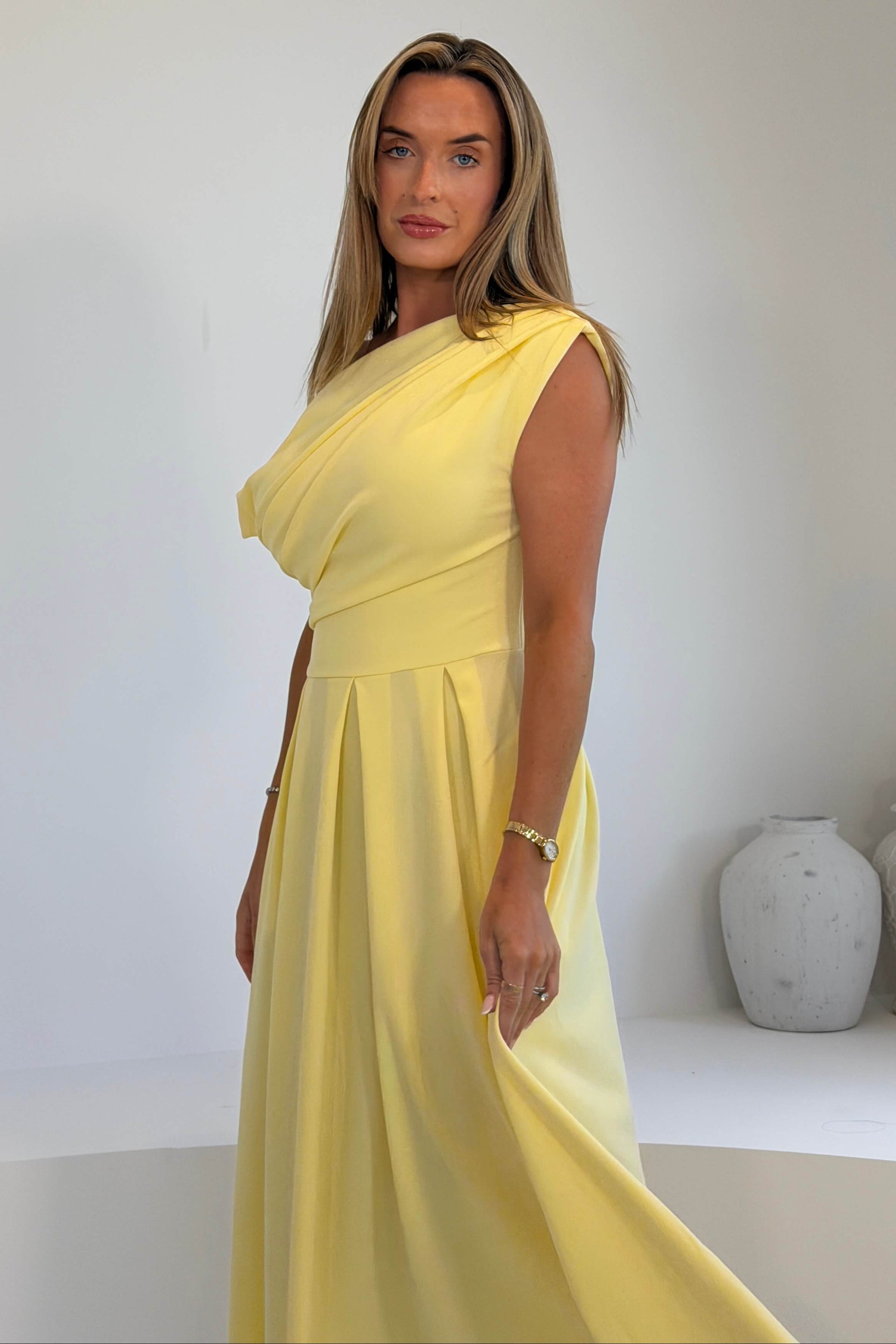 Dollie Asymmetric Neckline Skater Midi Dress Yellow