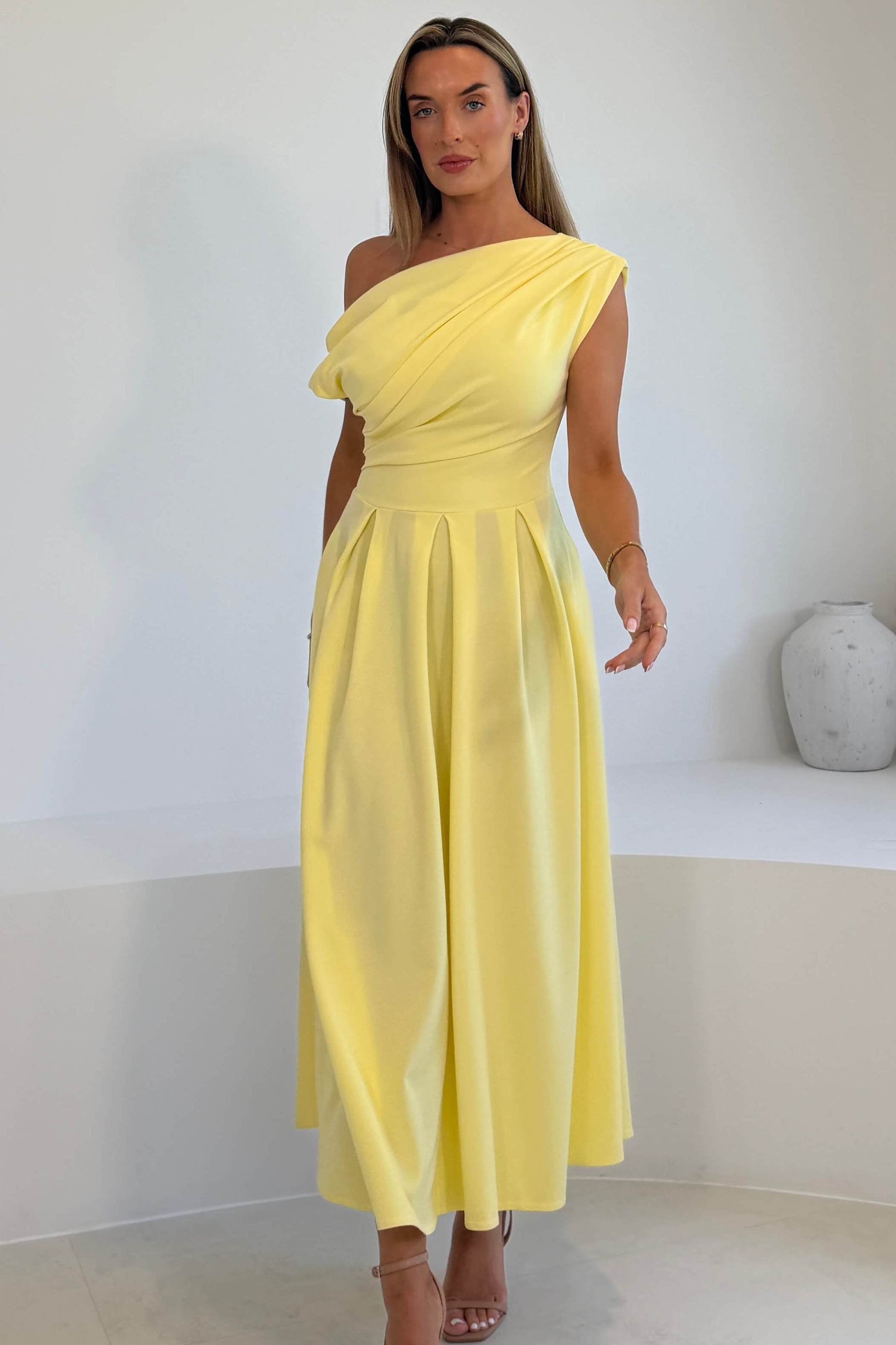 Dollie Asymmetric Neckline Skater Midi Dress Yellow