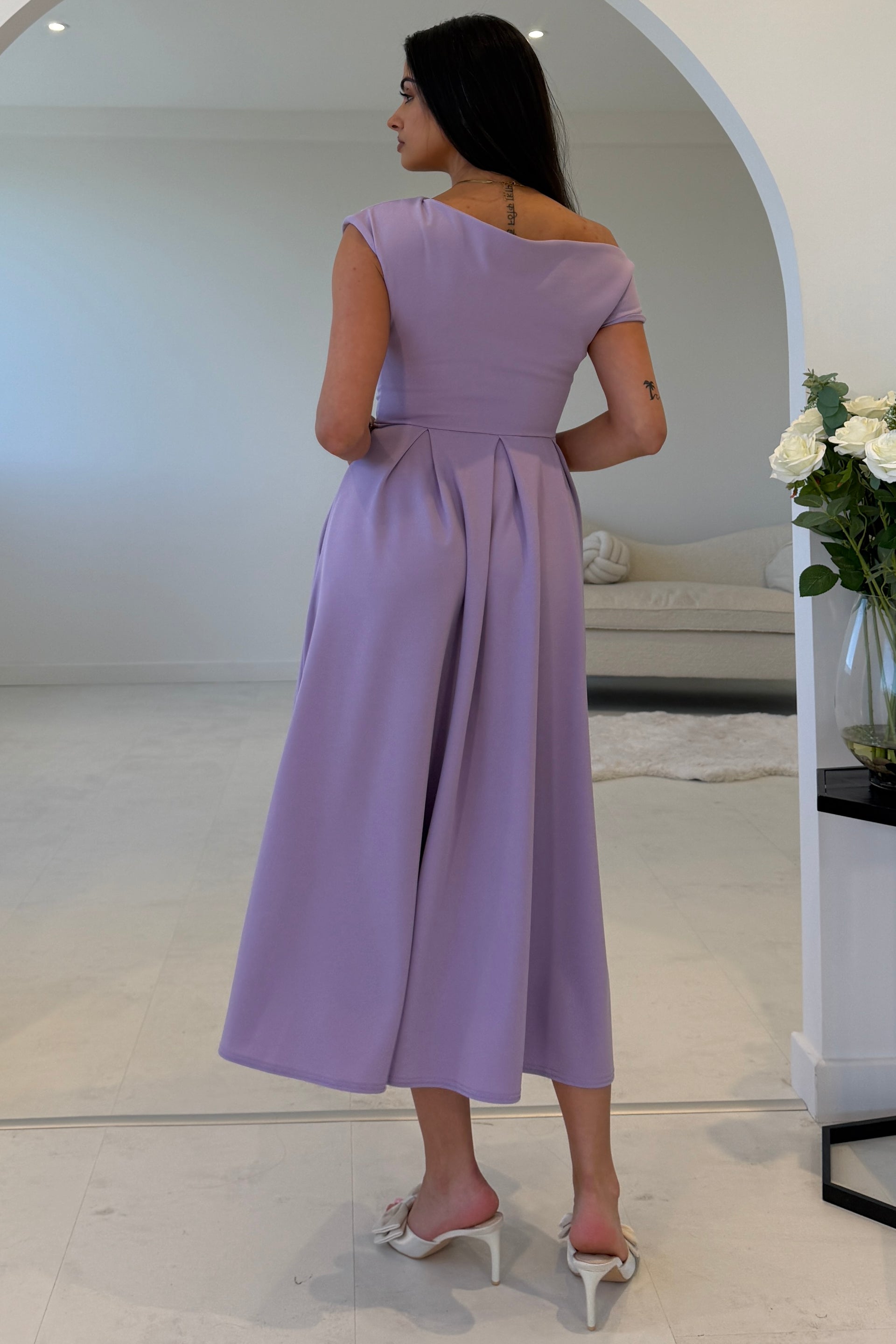 Dollie Asymmetric Neckline Skater Midi Dress Purple