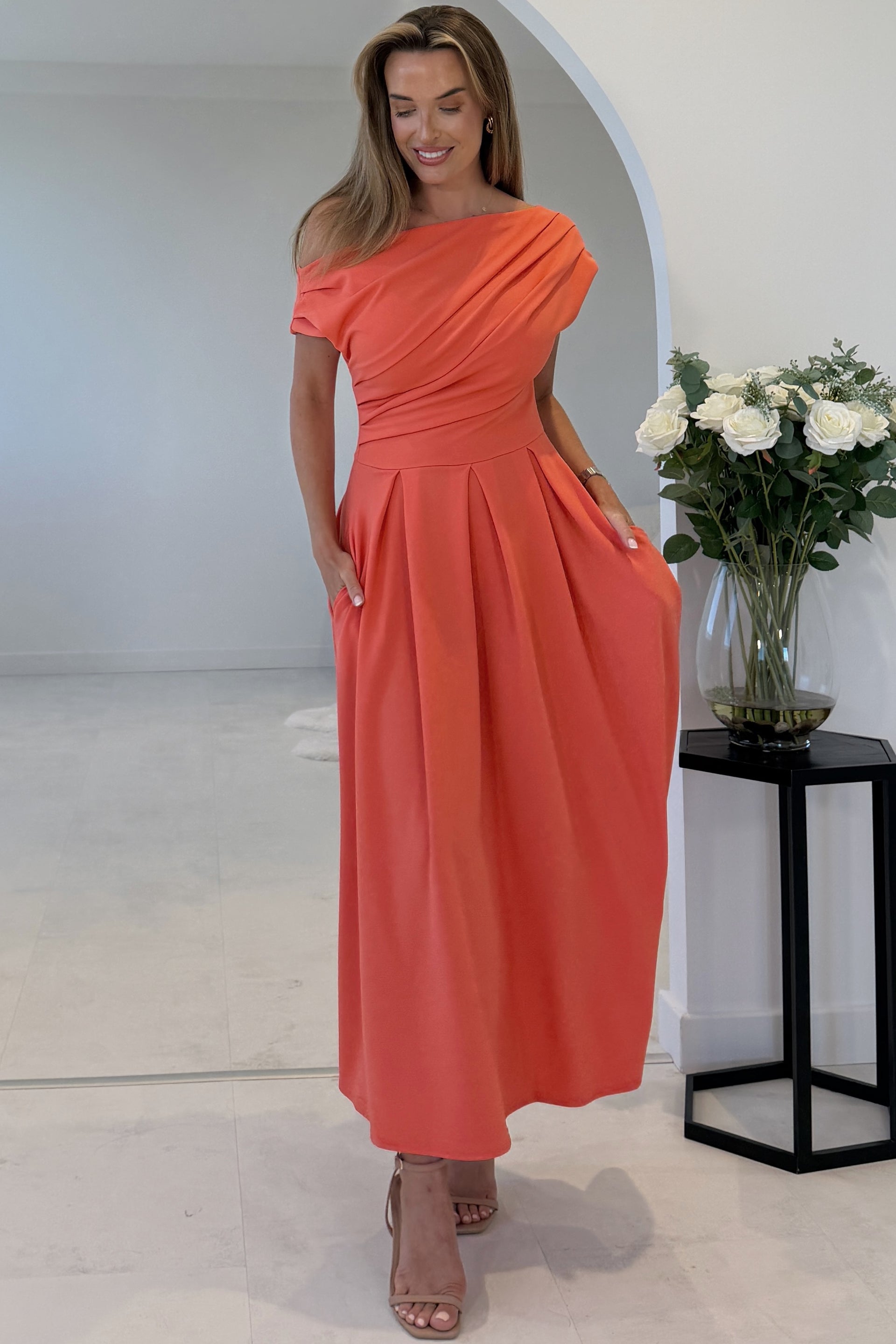 Dollie Asymmetric Neckline Skater Midi Dress Peach Coral