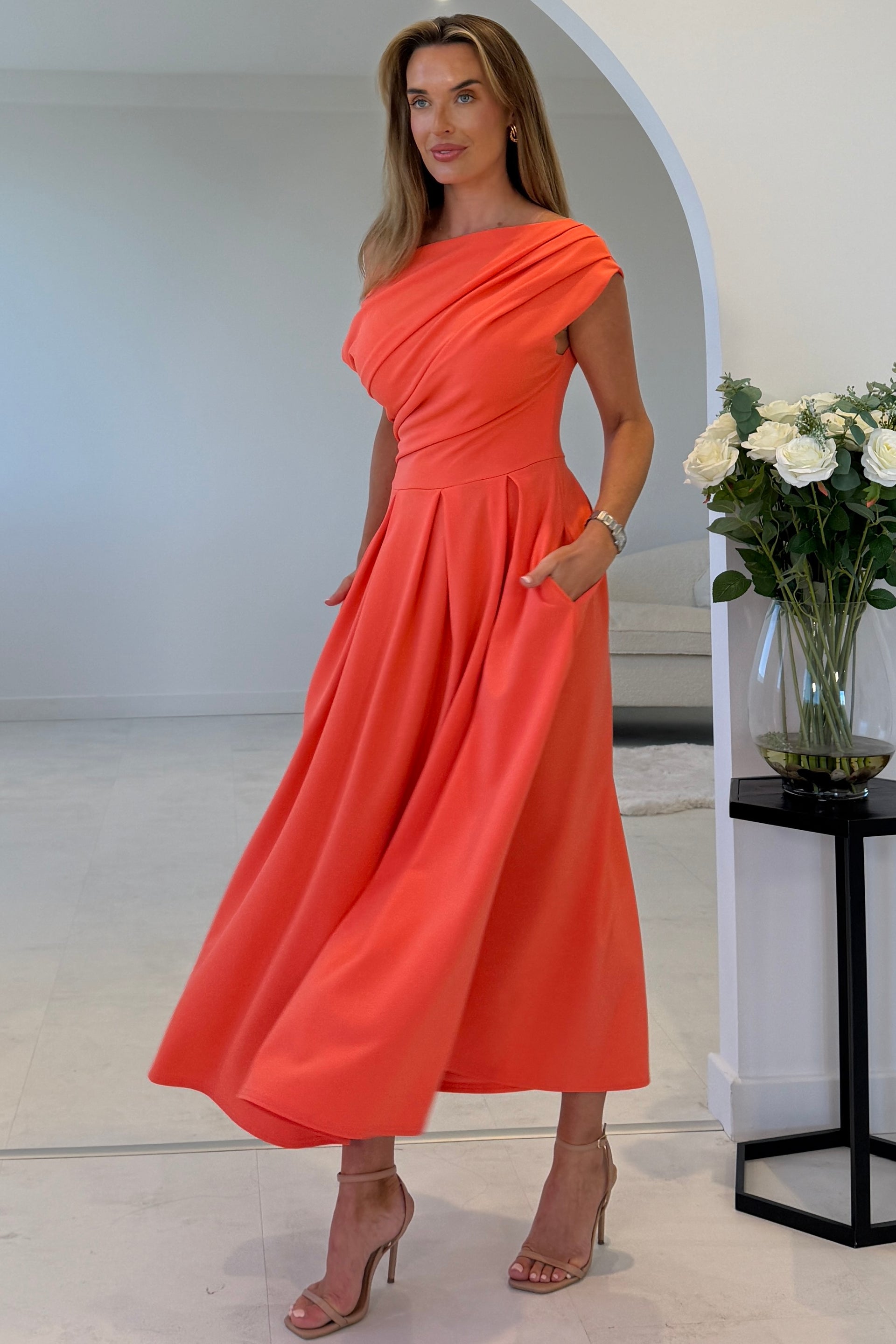 Dollie Asymmetric Neckline Skater Midi Dress Orange