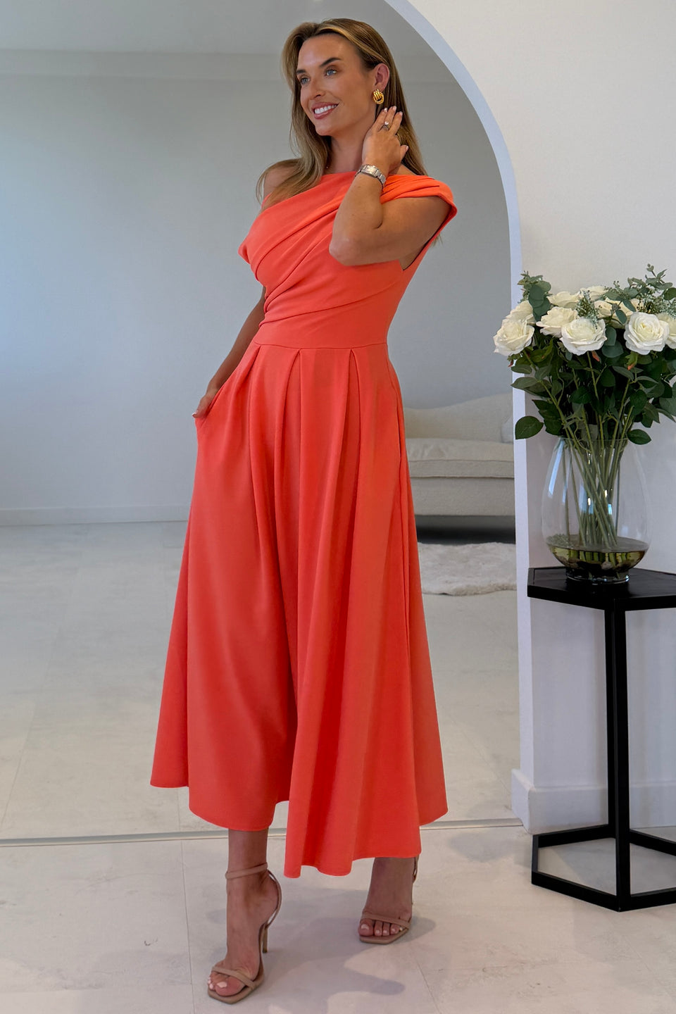 Dollie Asymmetric Neckline Skater Midi Dress Orange