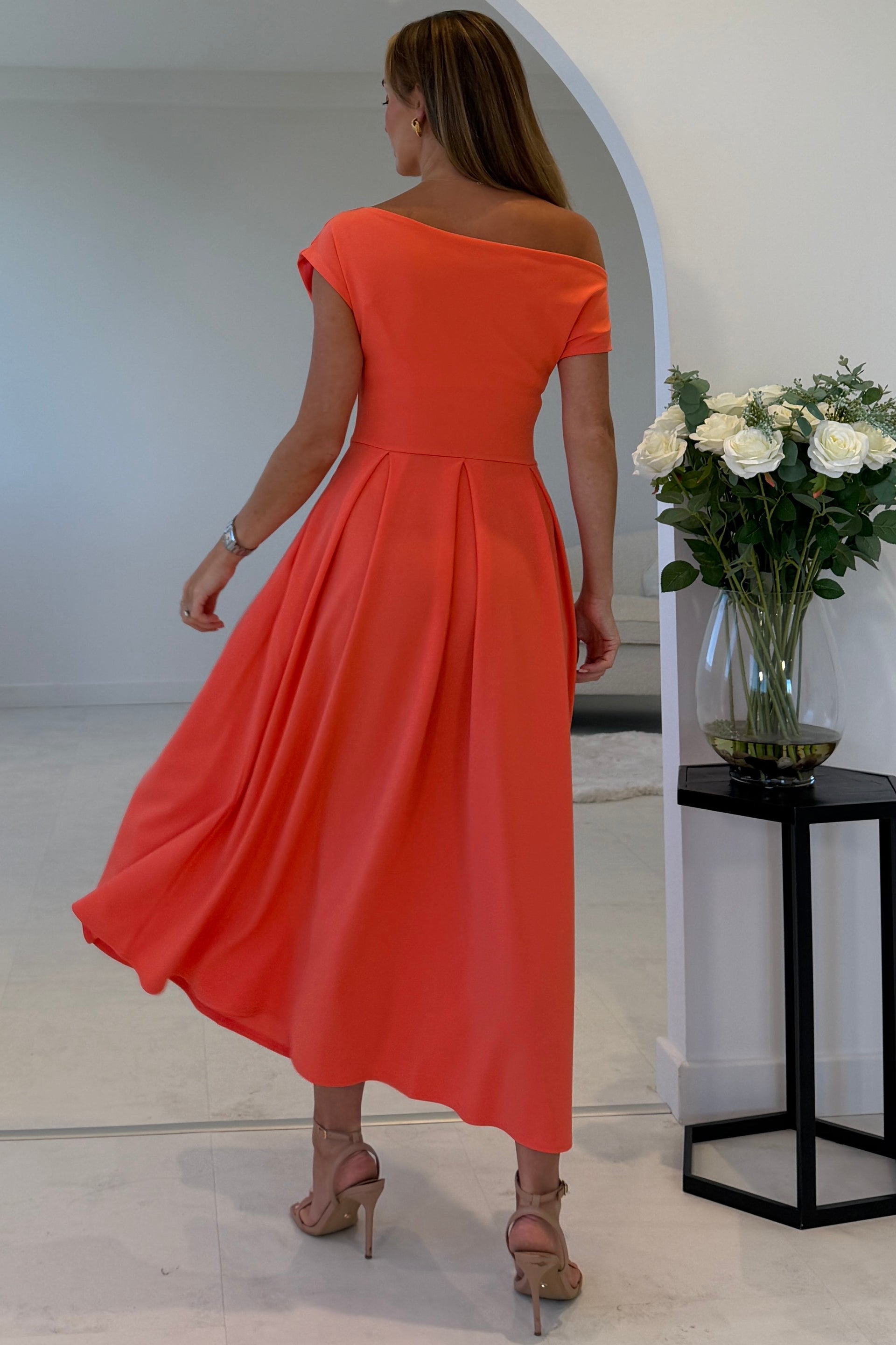 Dollie Asymmetric Neckline Skater Midi Dress Orange