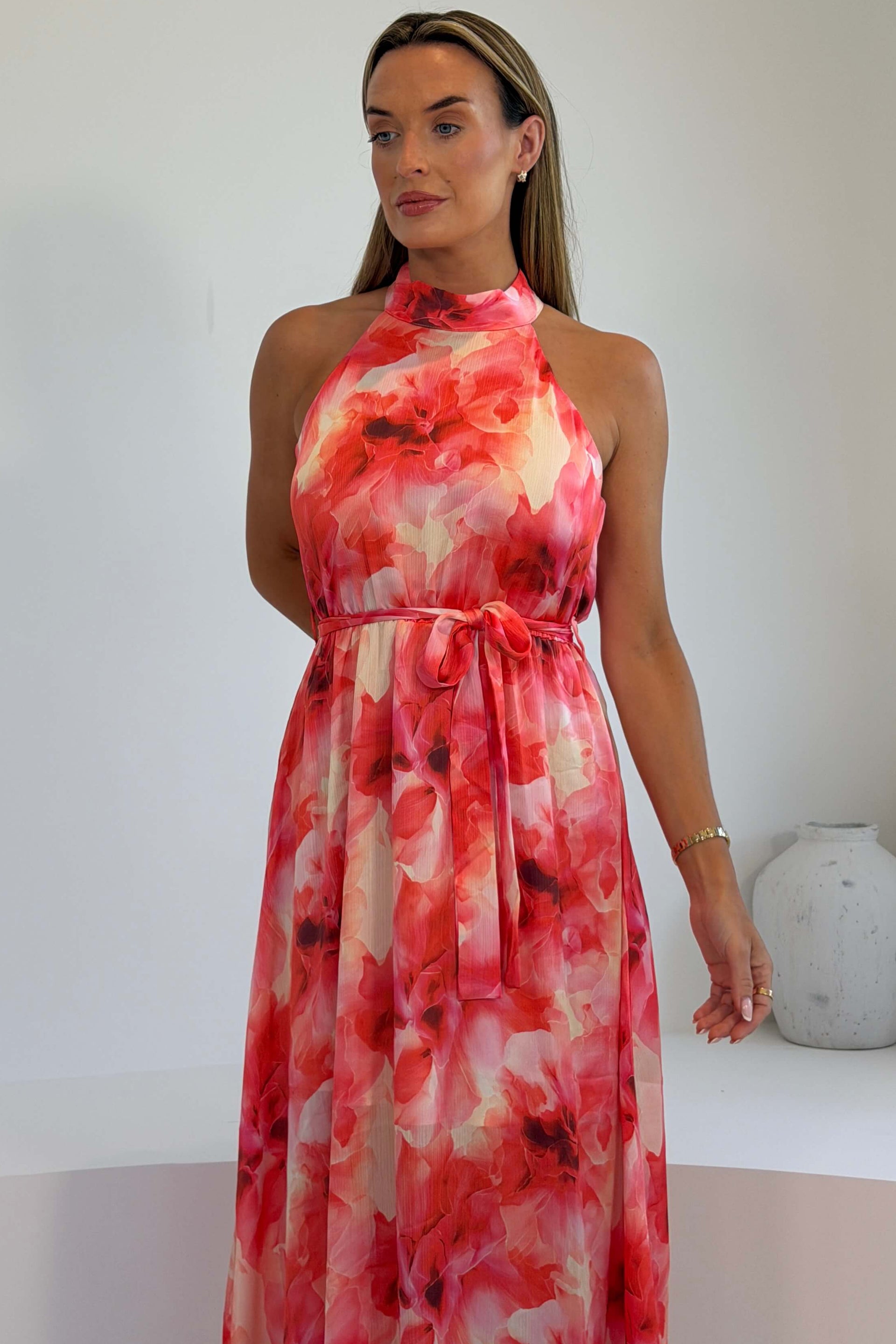 Lolo Floral Midi Halter Dress Orange