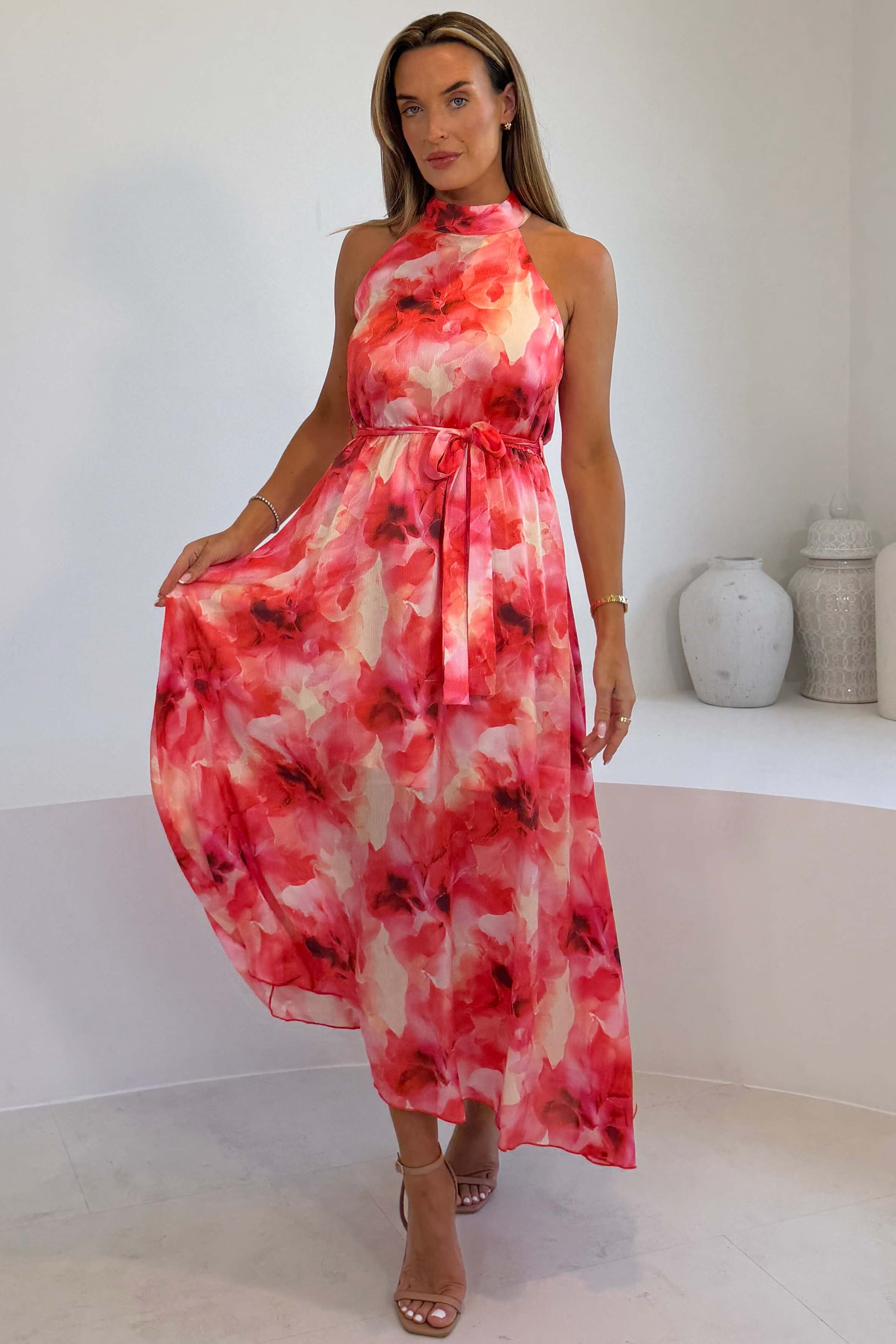Lolo Floral Midi Halter Dress Orange