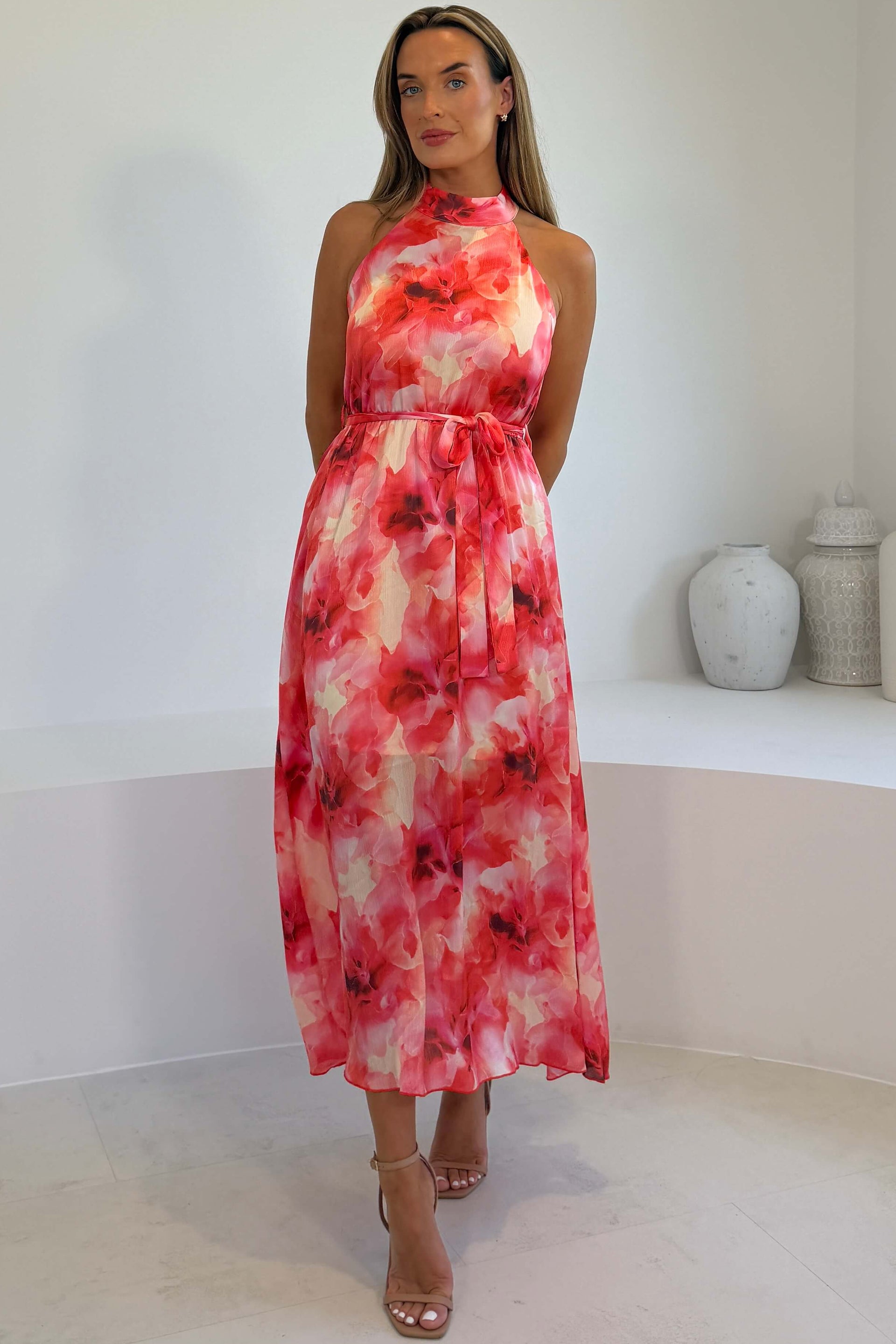 Lolo Floral Midi Halter Dress Orange