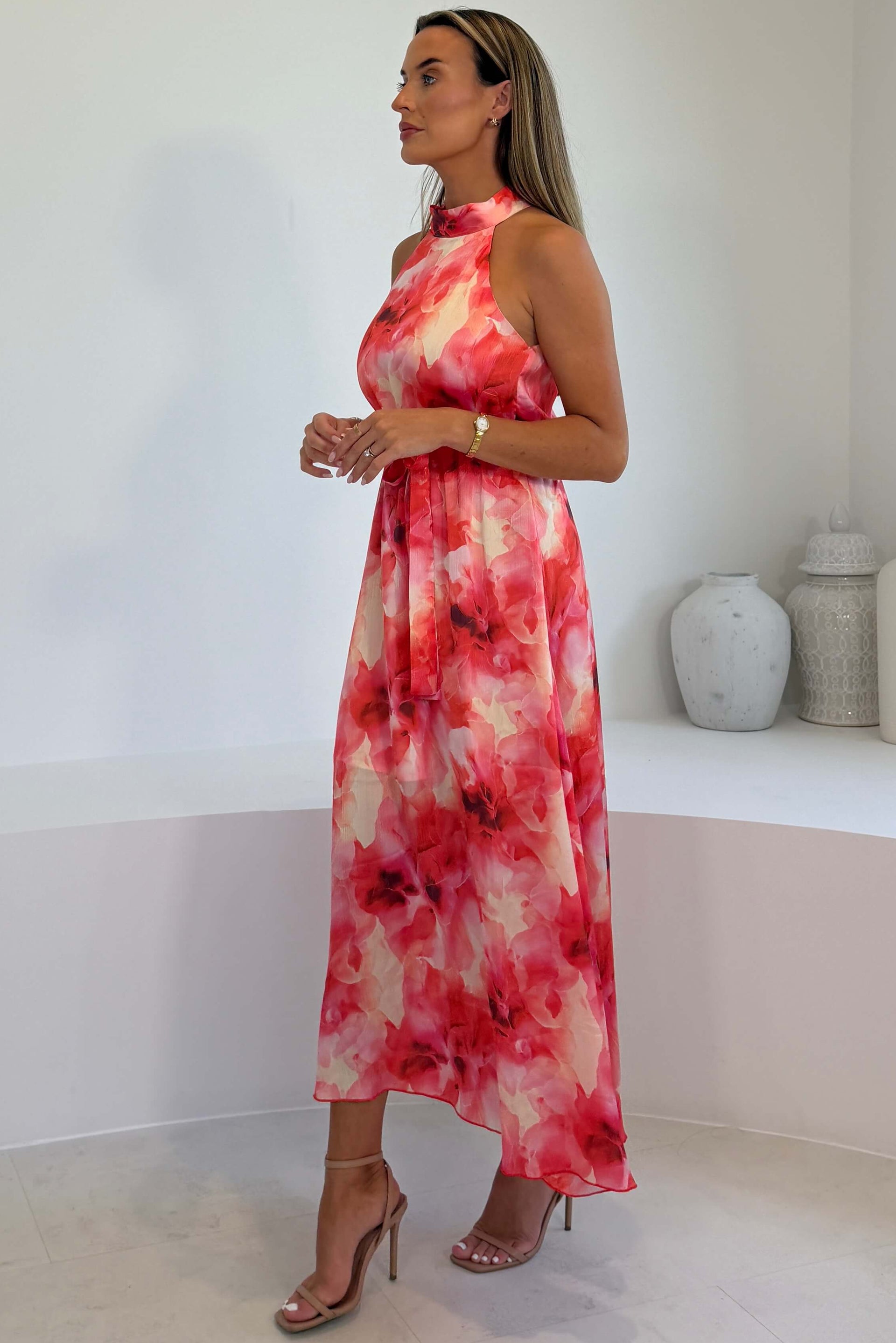 Lolo Floral Midi Halter Dress Orange