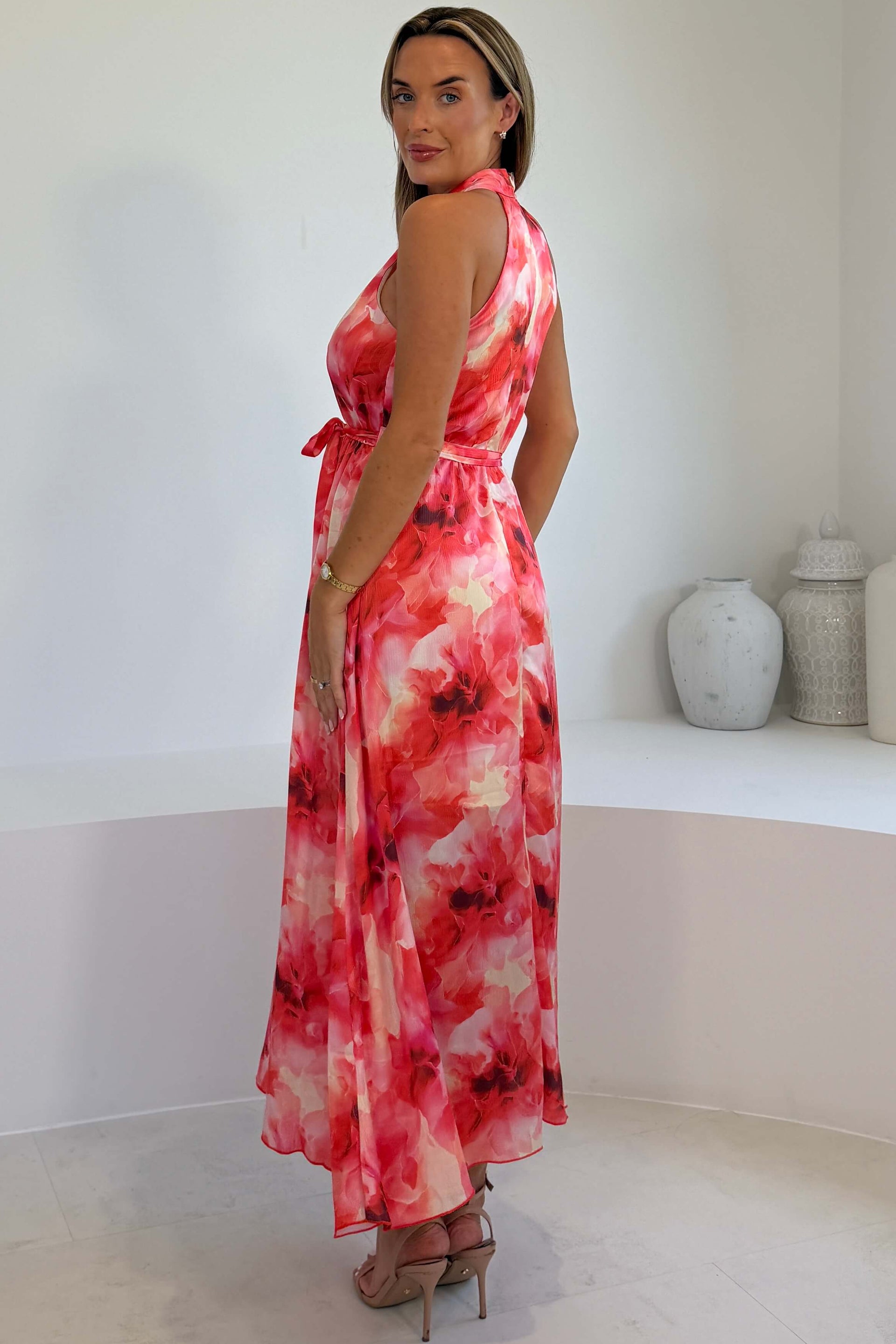 Lolo Floral Midi Halter Dress Orange