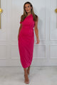 Donna Asymmetric Neckline Midi Dress Hot Pink