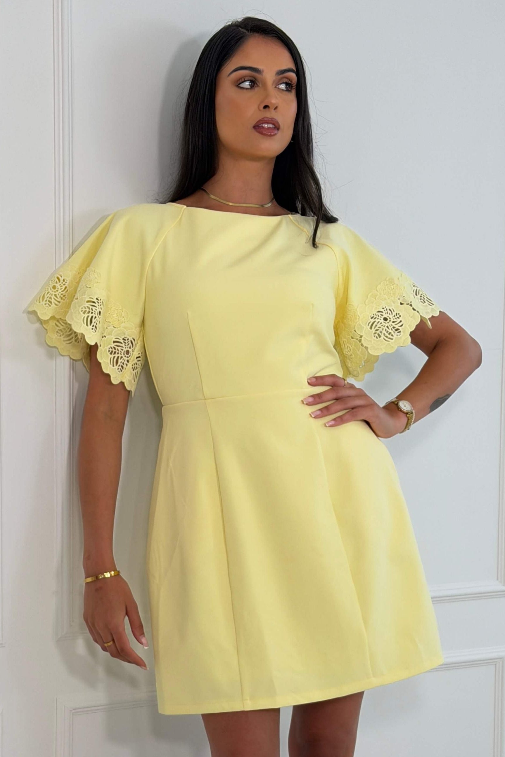 Patzy Lace Trim Mini Dress Yellow