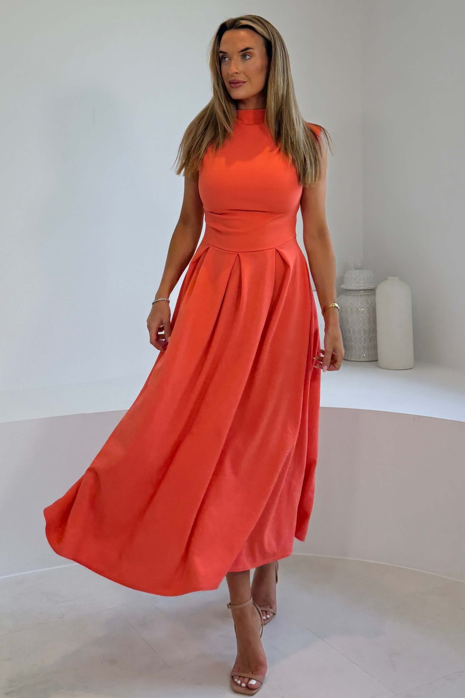 Romy Pleated Neck Midi Dress Coral