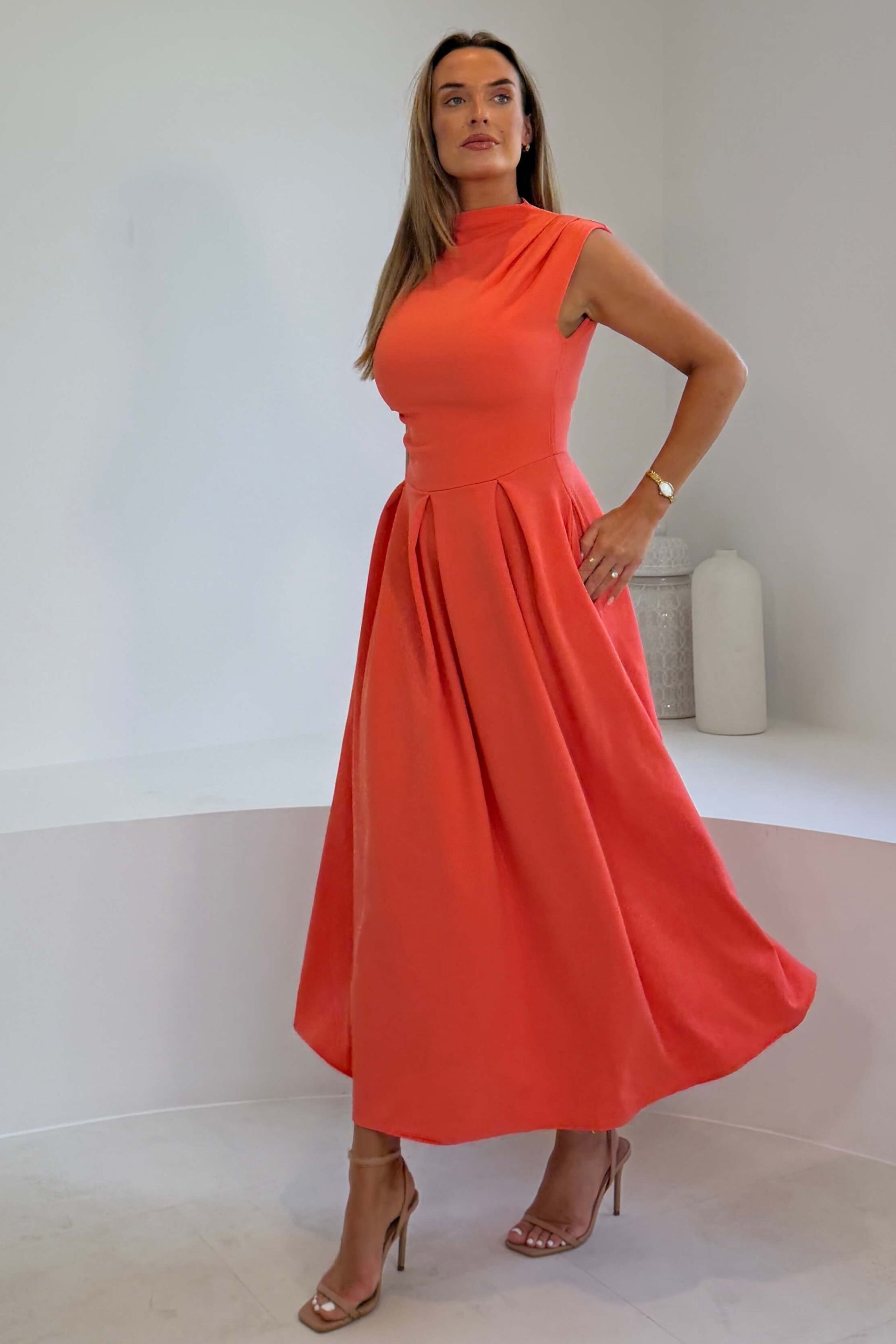 Romy Pleated Neck Midi Dress Coral
