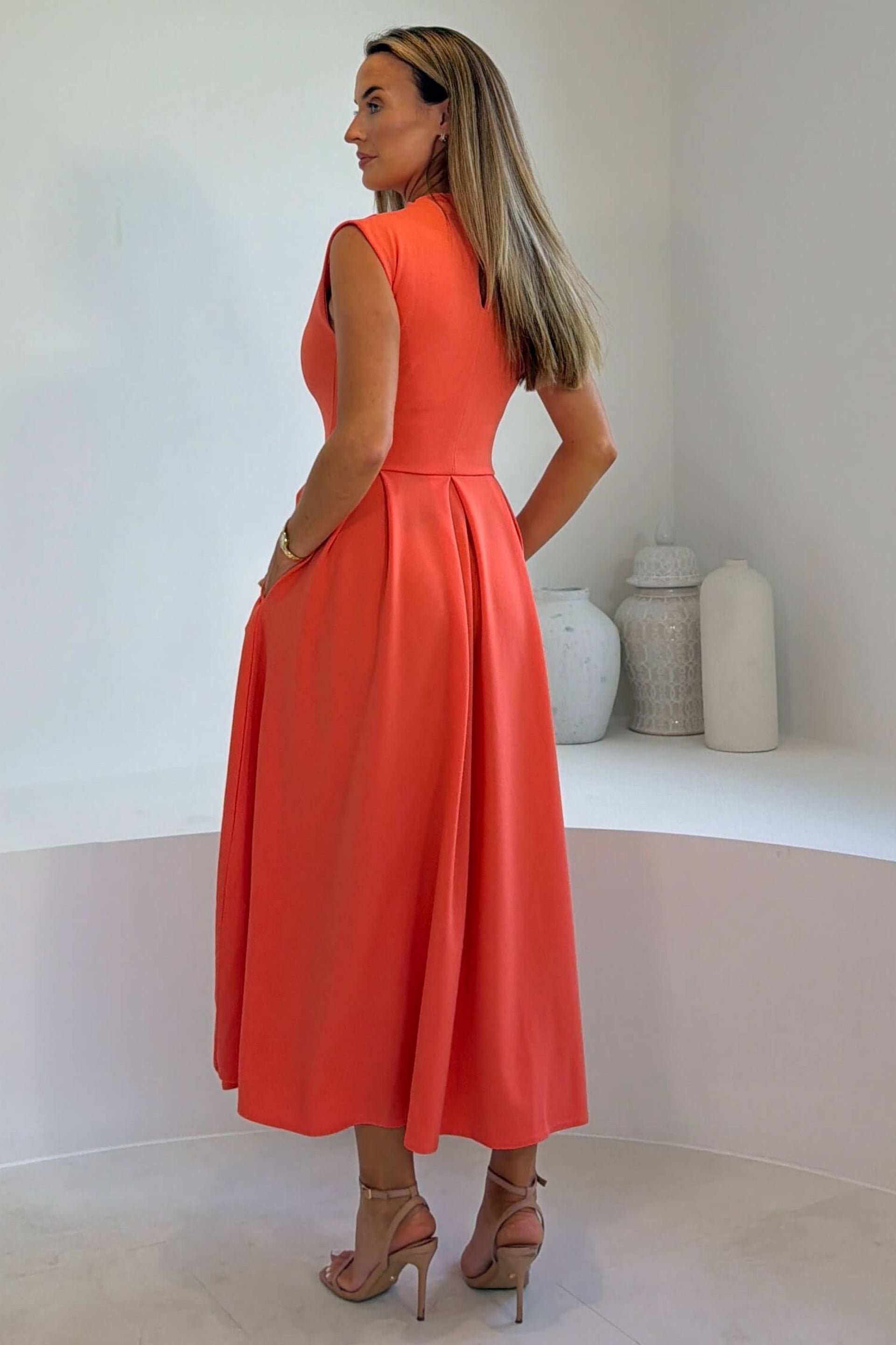 Romy Pleated Neck Midi Dress Coral