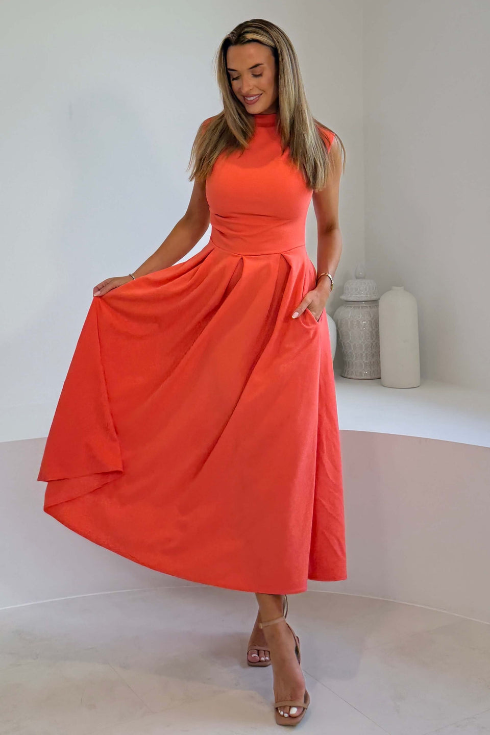 Romy Pleated Neck Midi Dress Coral