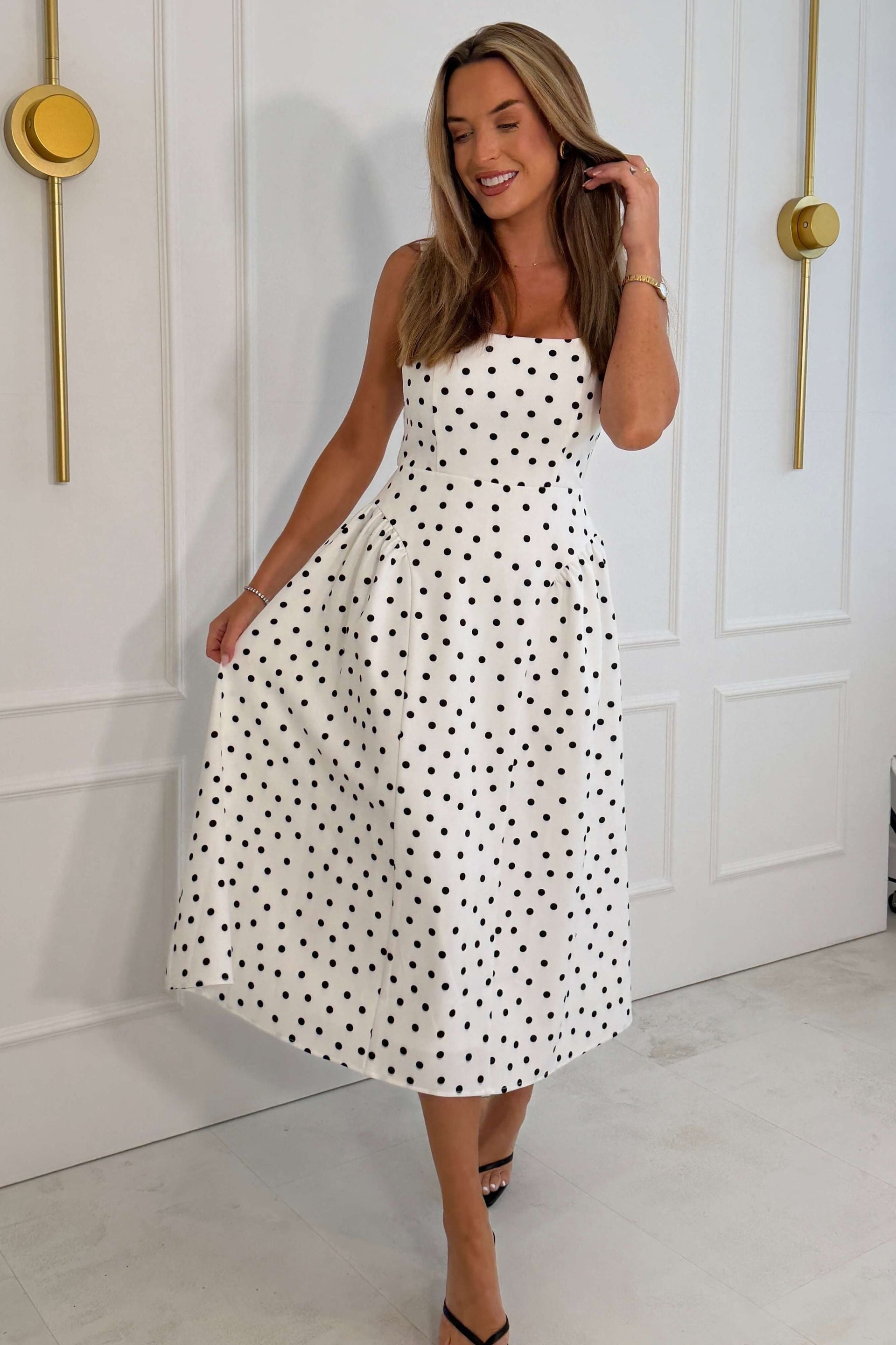Sharne Polka Print Square Neck Midi Dress
