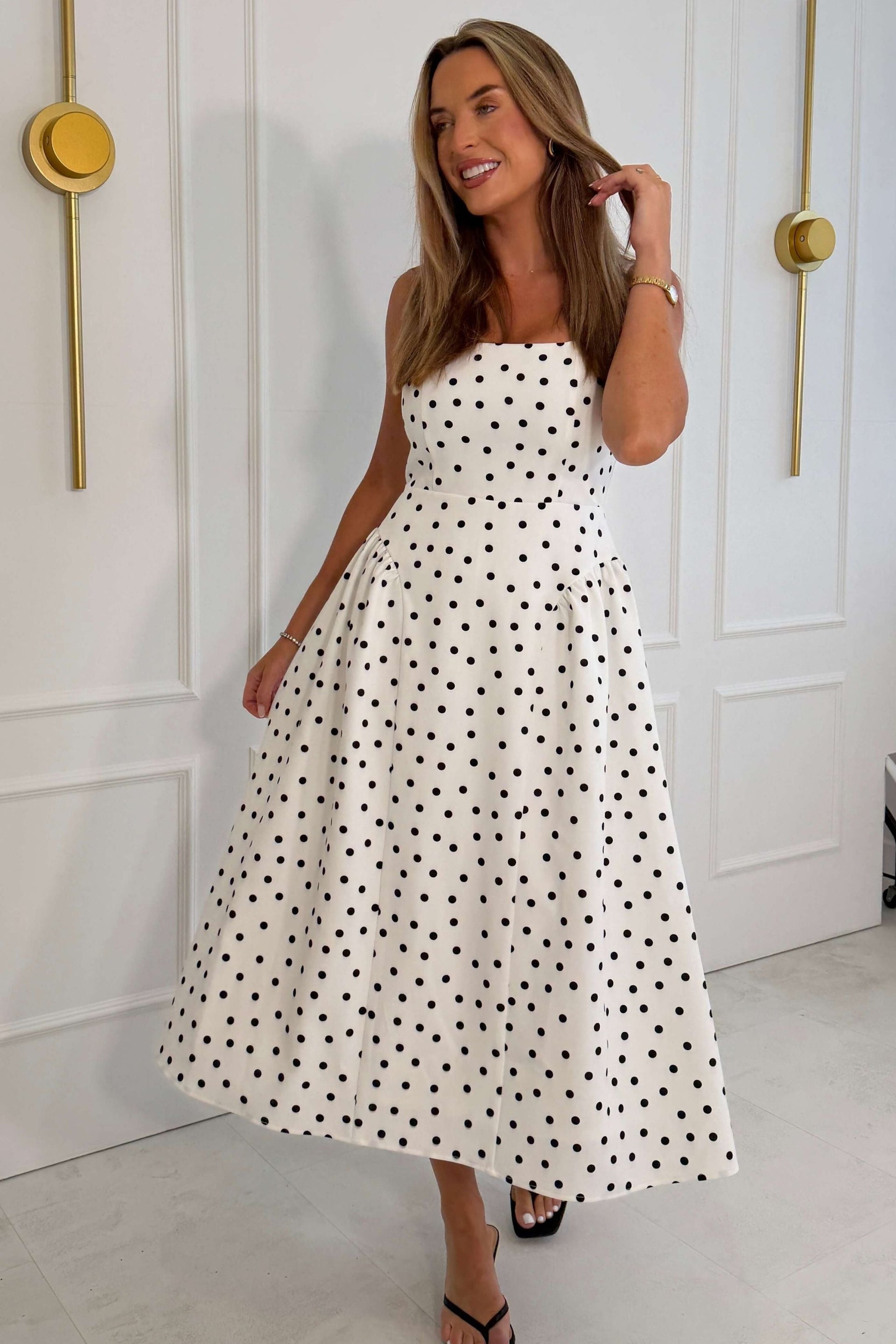 Sharne Polka Print Square Neck Midi Dress