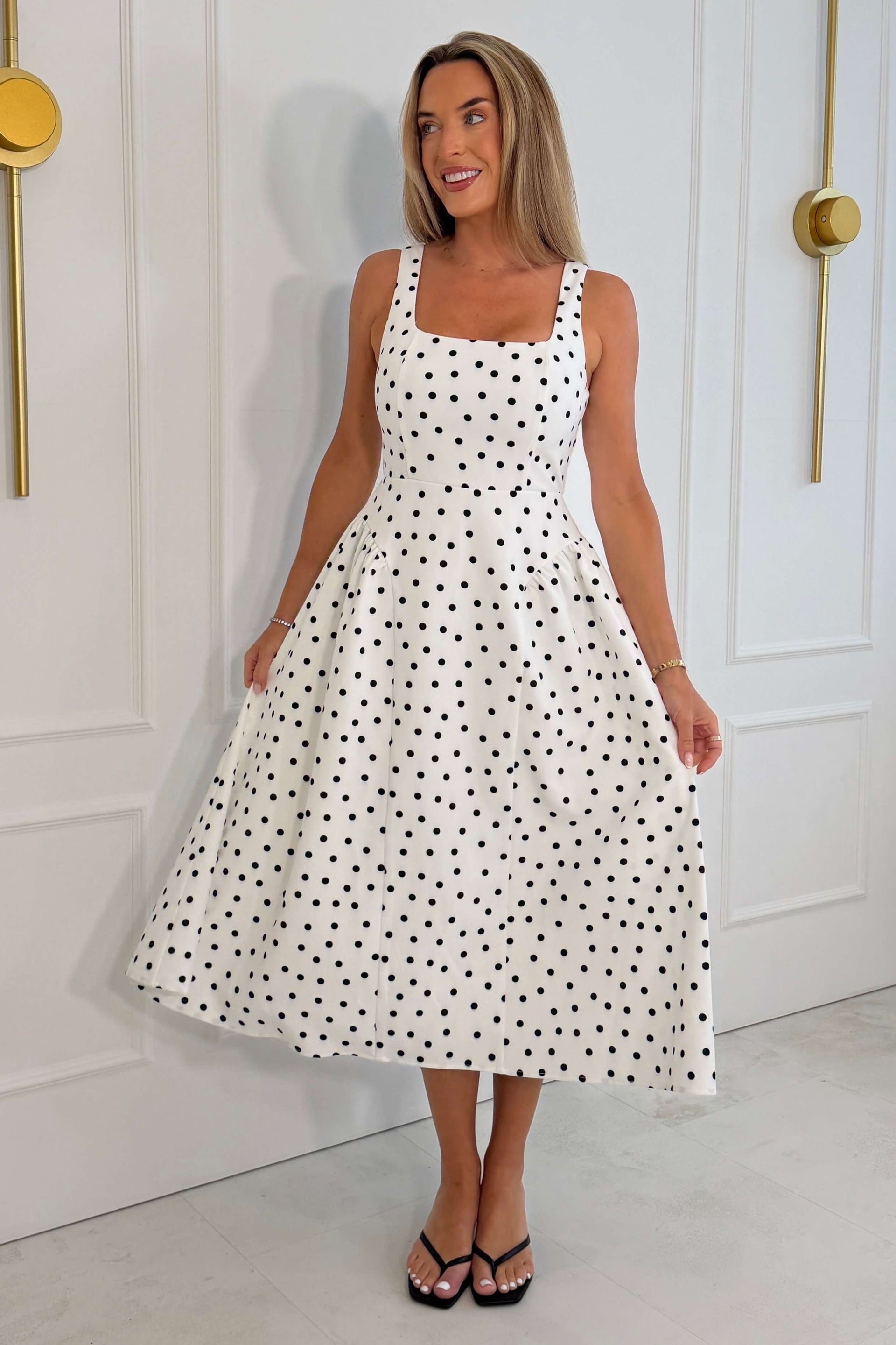 Sharne Polka Print Square Neck Midi Dress