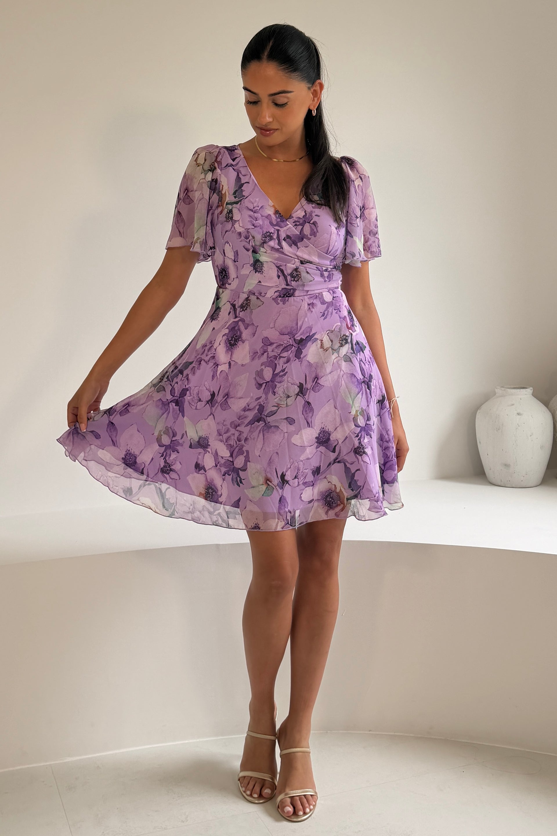 Kristie Floral Print V-Neck  Mini Dress Purple