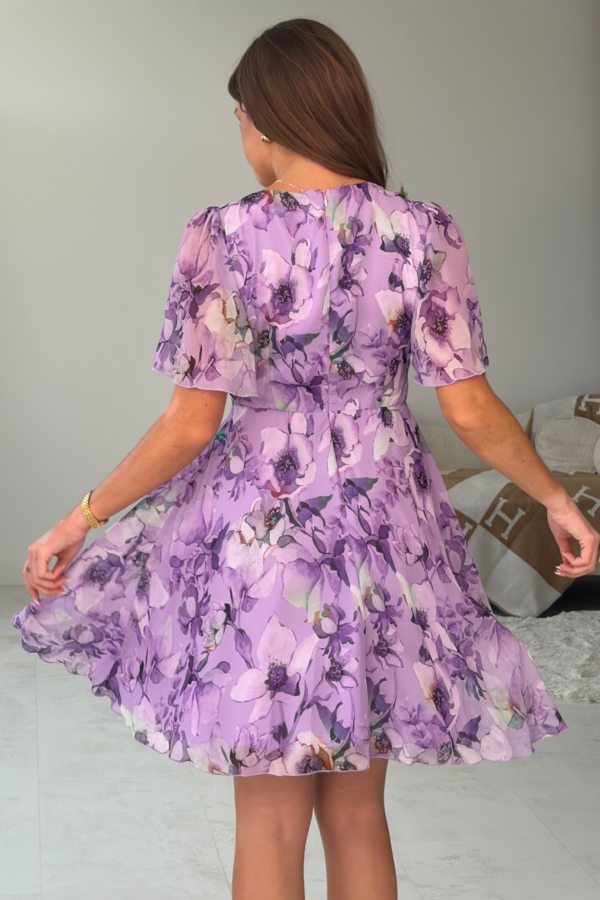 Kristie Floral Print V-Neck  Mini Dress Purple