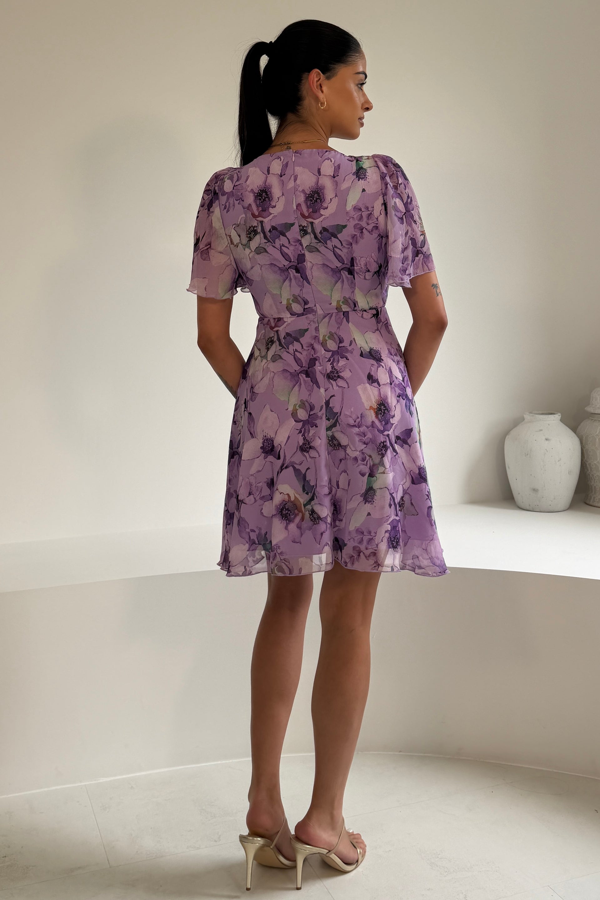 Kristie Floral Print V-Neck  Mini Dress Purple