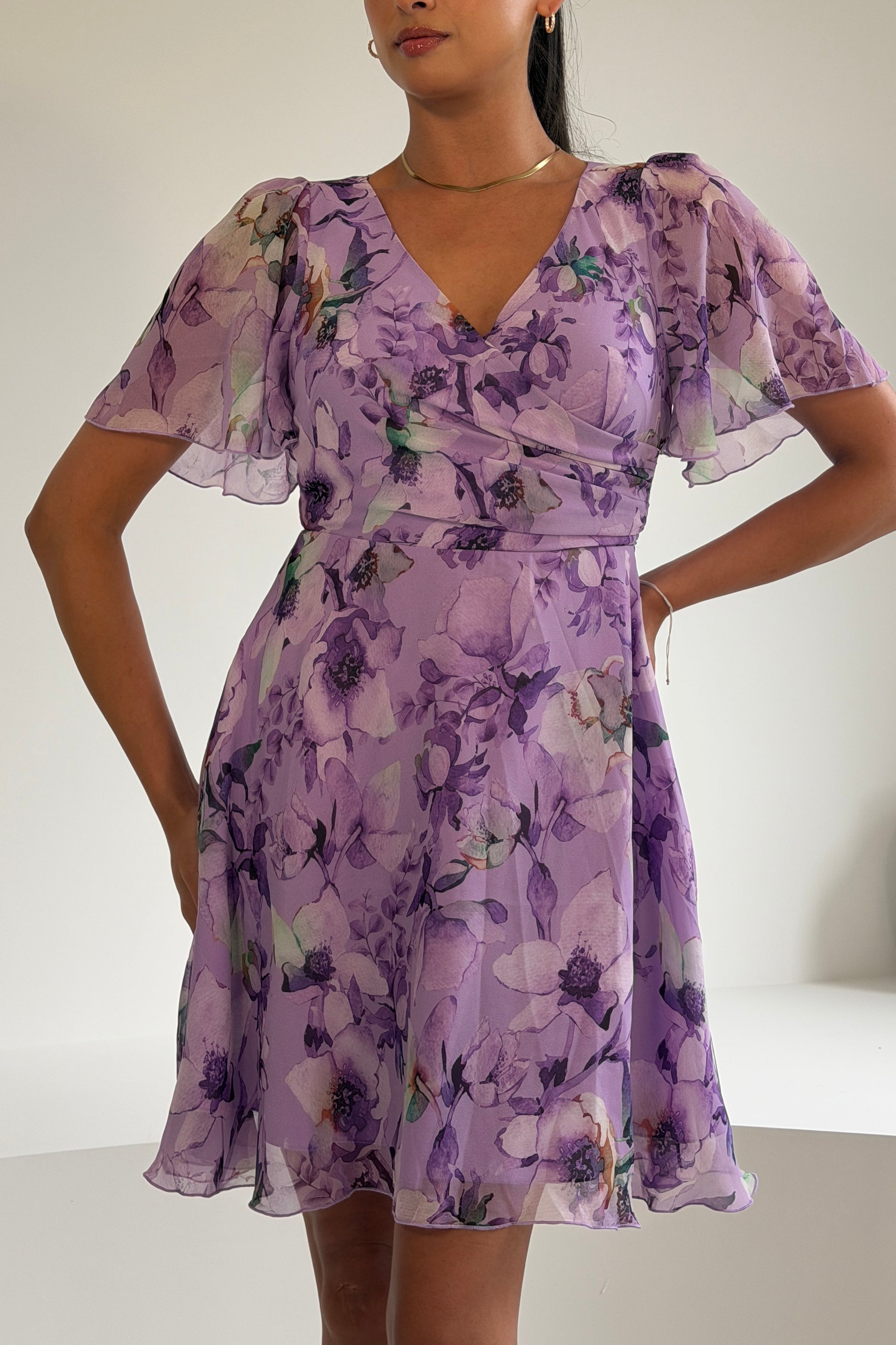 Kristie Floral Print V-Neck  Mini Dress Purple