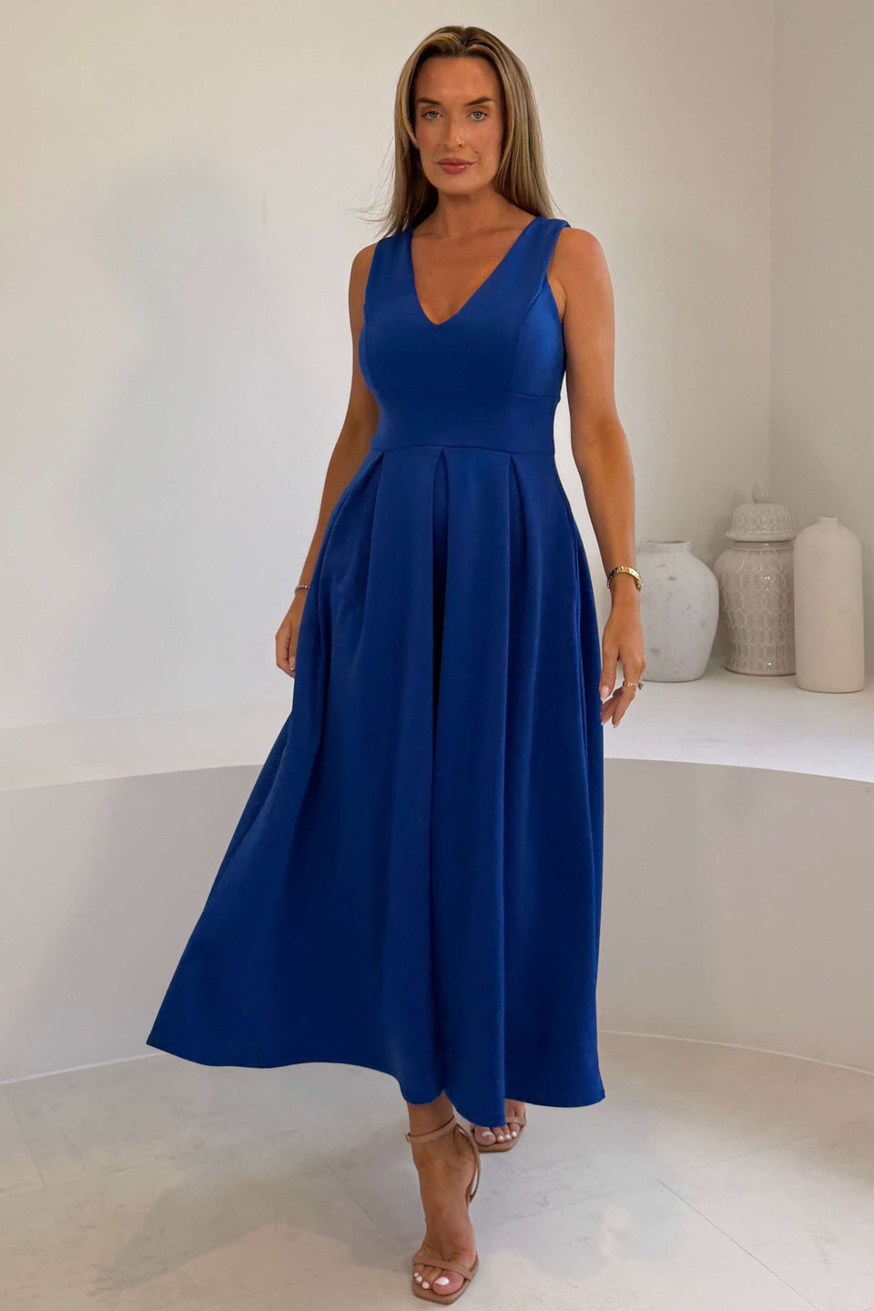 Tiffany V Neck Skater Scuba Midi Dress Cobalt
