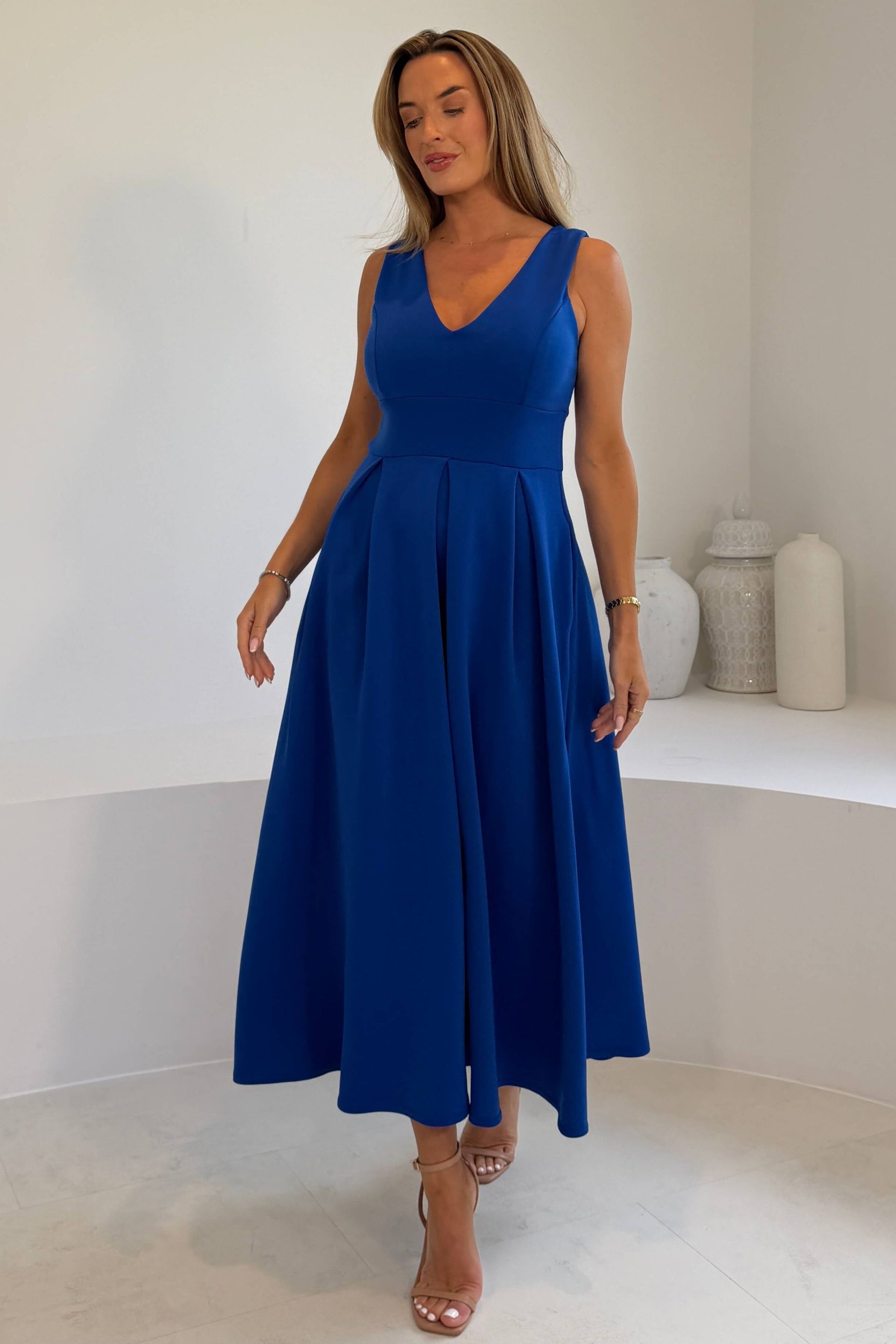 Tiffany V Neck Skater Scuba Midi Dress Cobalt