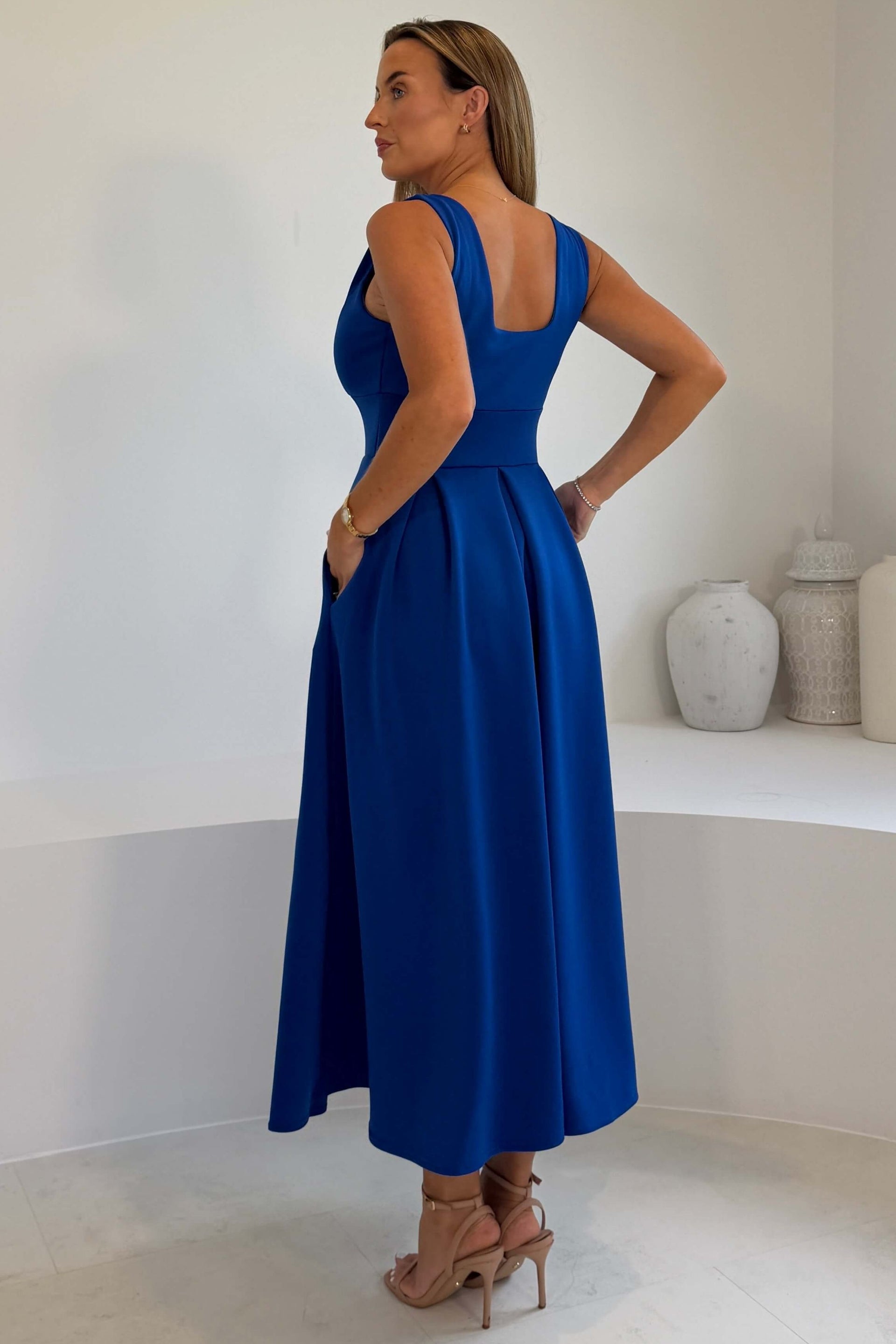 Tiffany V Neck Skater Scuba Midi Dress Cobalt