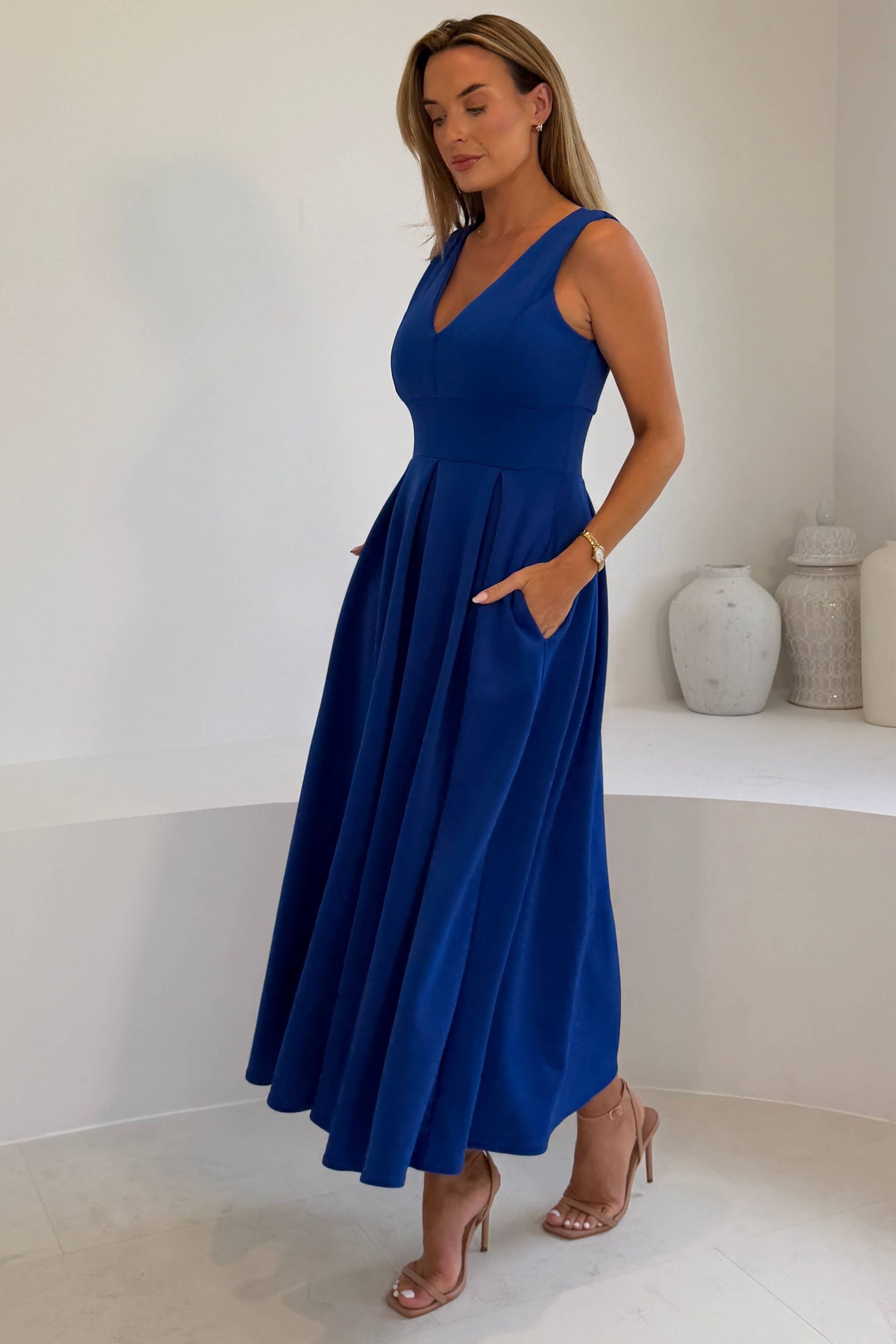 Tiffany V Neck Skater Scuba Midi Dress Cobalt