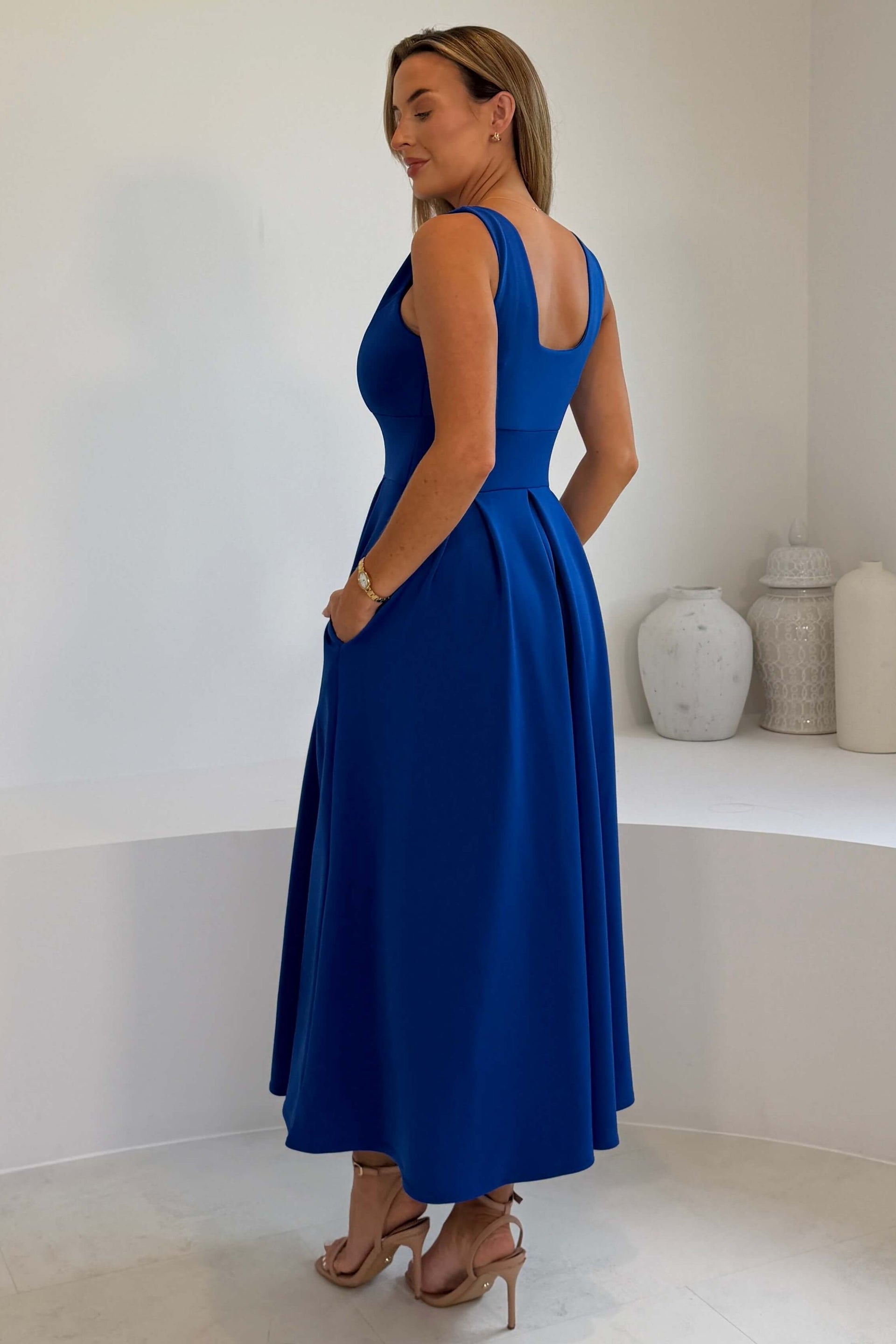 Tiffany V Neck Skater Scuba Midi Dress Cobalt