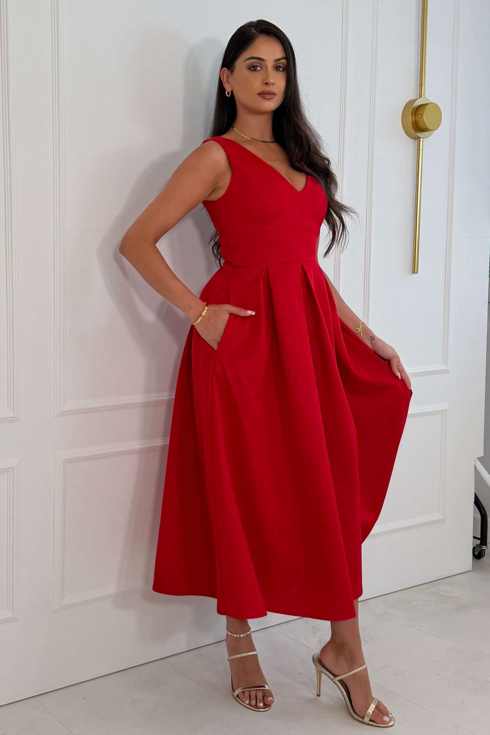 Tiffany V Neck Skater Scuba Midi Dress Red