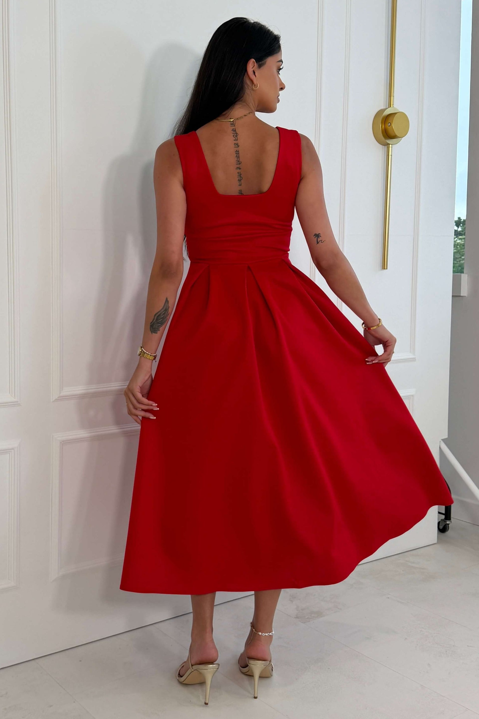 Tiffany V Neck Skater Scuba Midi Dress Red